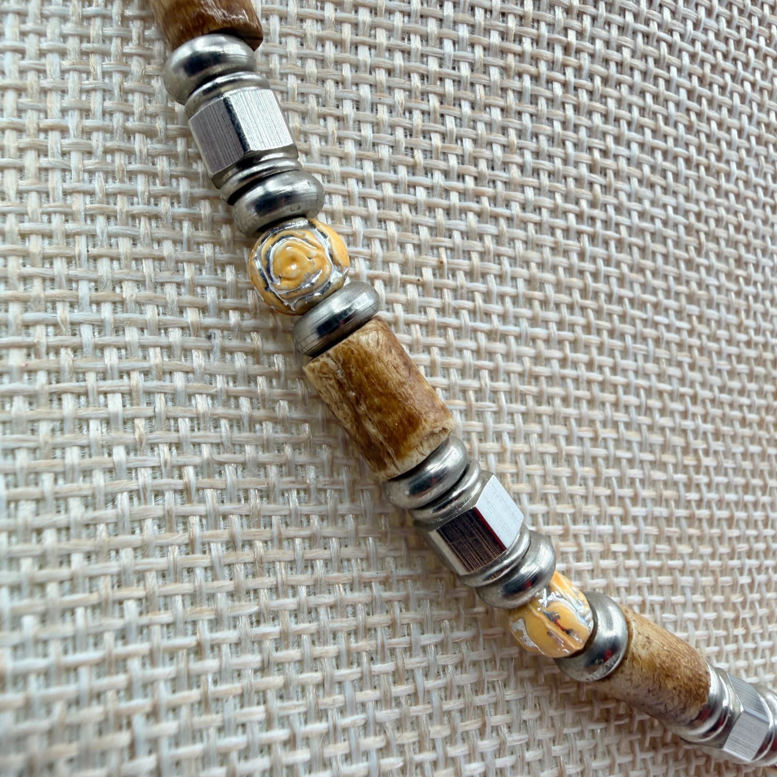 Vintage 90s Silver Tone Beaded Necklace Brown Wood Glass Boho Earthy Jewelry - Thumbnail 4