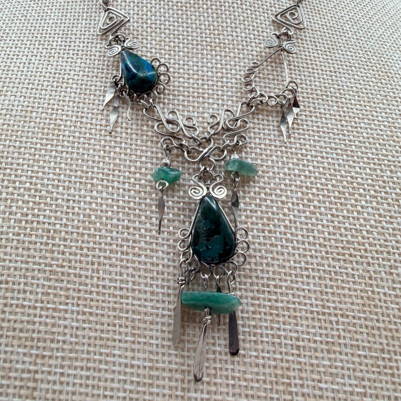 Vintage 70s Silver Tone Artisan Wire Wrap Necklace Stone Boho Fashion Jewelry - Thumbnail 2