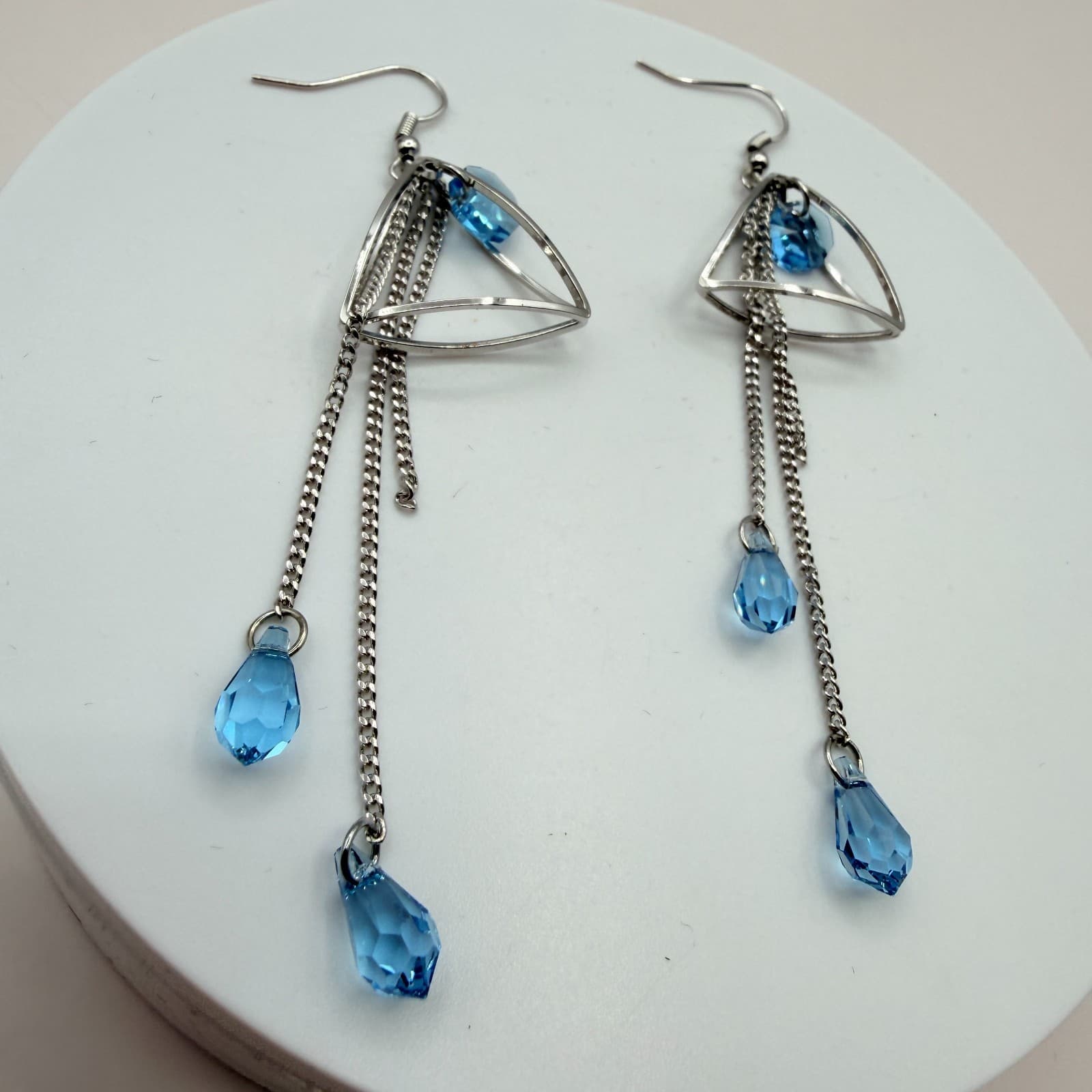 Vintage 80s Silver Tone Blue Teardrop Dangle Earrings Geometric Tassel Jewelry - Thumbnail 3