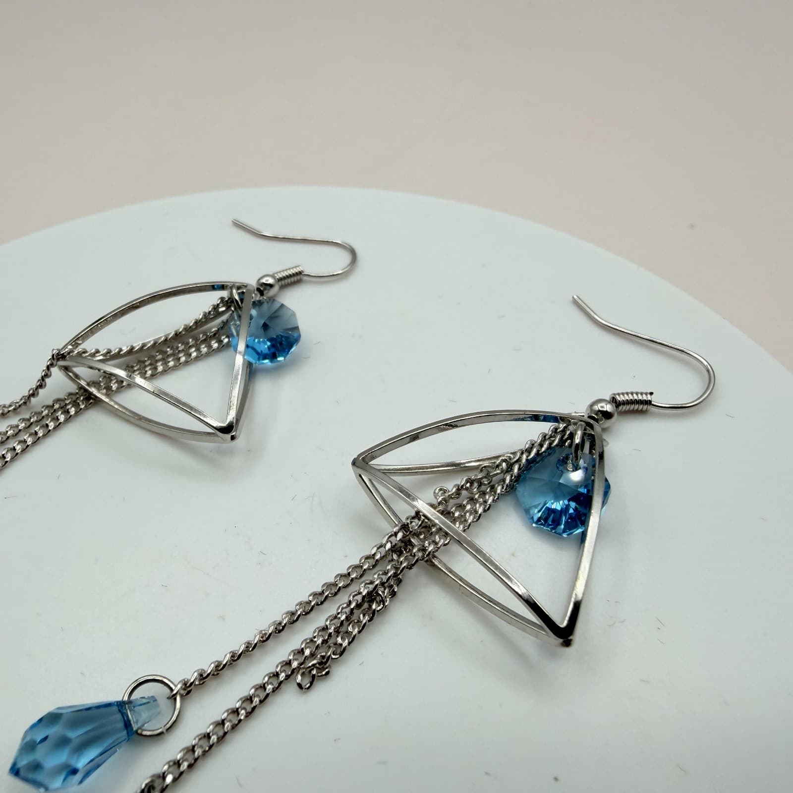 Vintage 80s Silver Tone Blue Teardrop Dangle Earrings Geometric Tassel Jewelry - Thumbnail 6