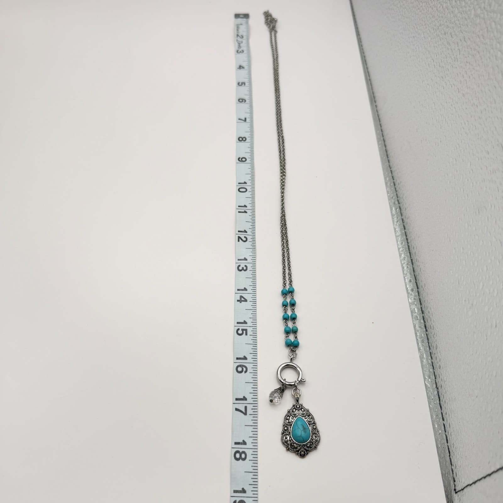 Vintage 90s Silver Tone Turquoise Beaded Teardrop Pendant Necklace Boho Jewelry - Thumbnail 10