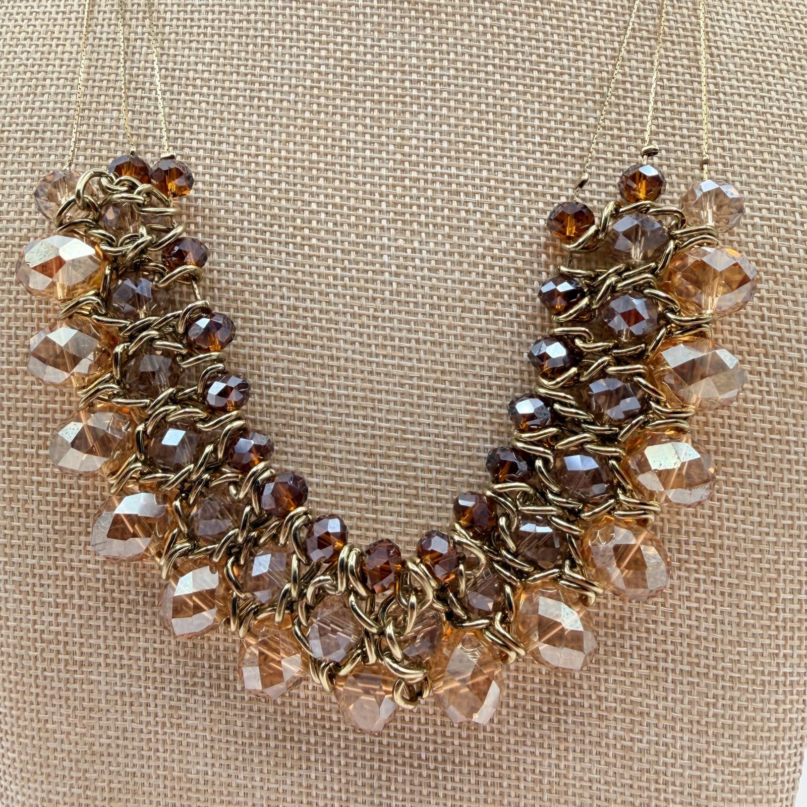 Vintage 90s Gold Tone Multi Strand Beaded Statement Bib Necklace Women's Jewelry - Thumbnail 3