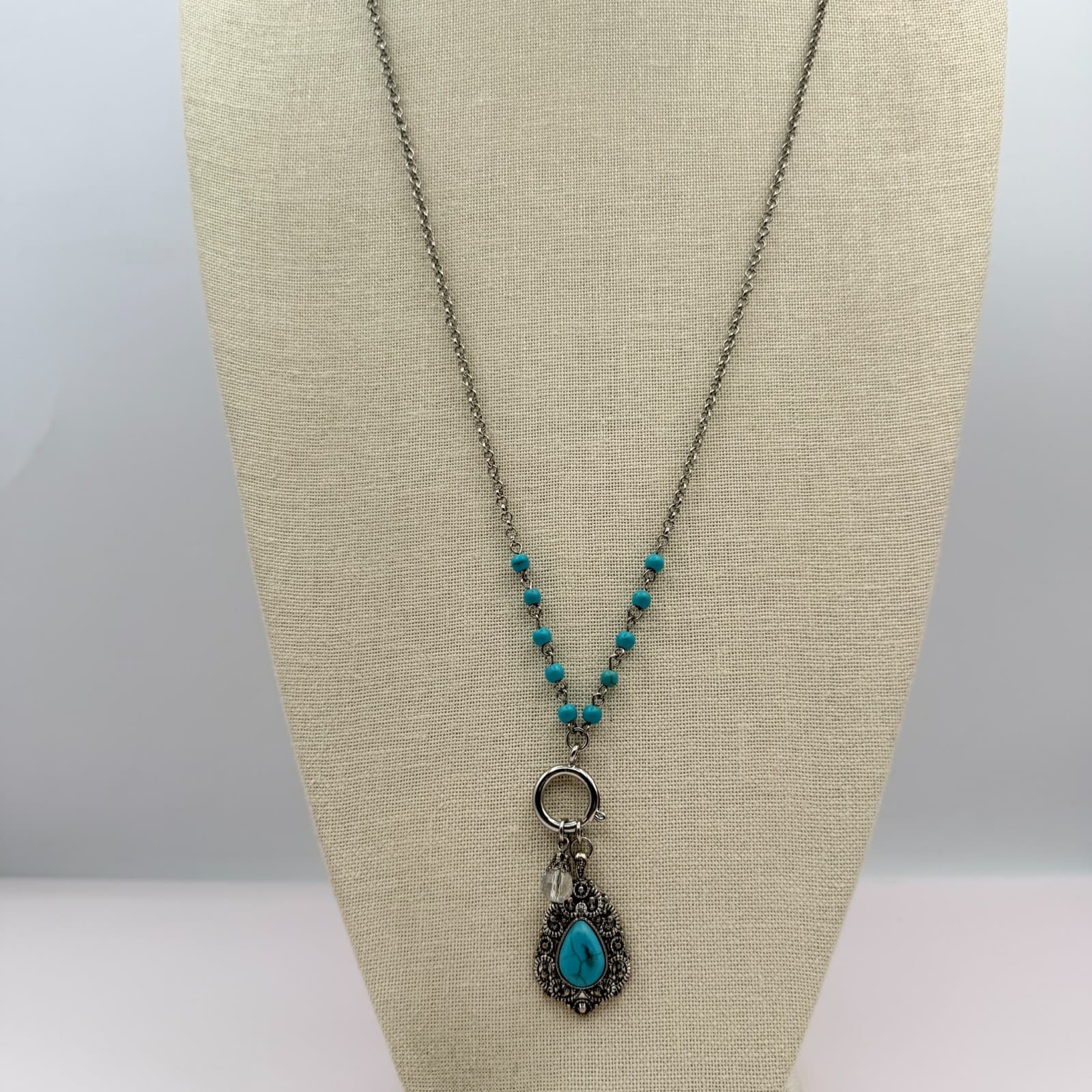 Vintage 90s Silver Tone Turquoise Beaded Teardrop Pendant Necklace Boho Jewelry - Thumbnail 2