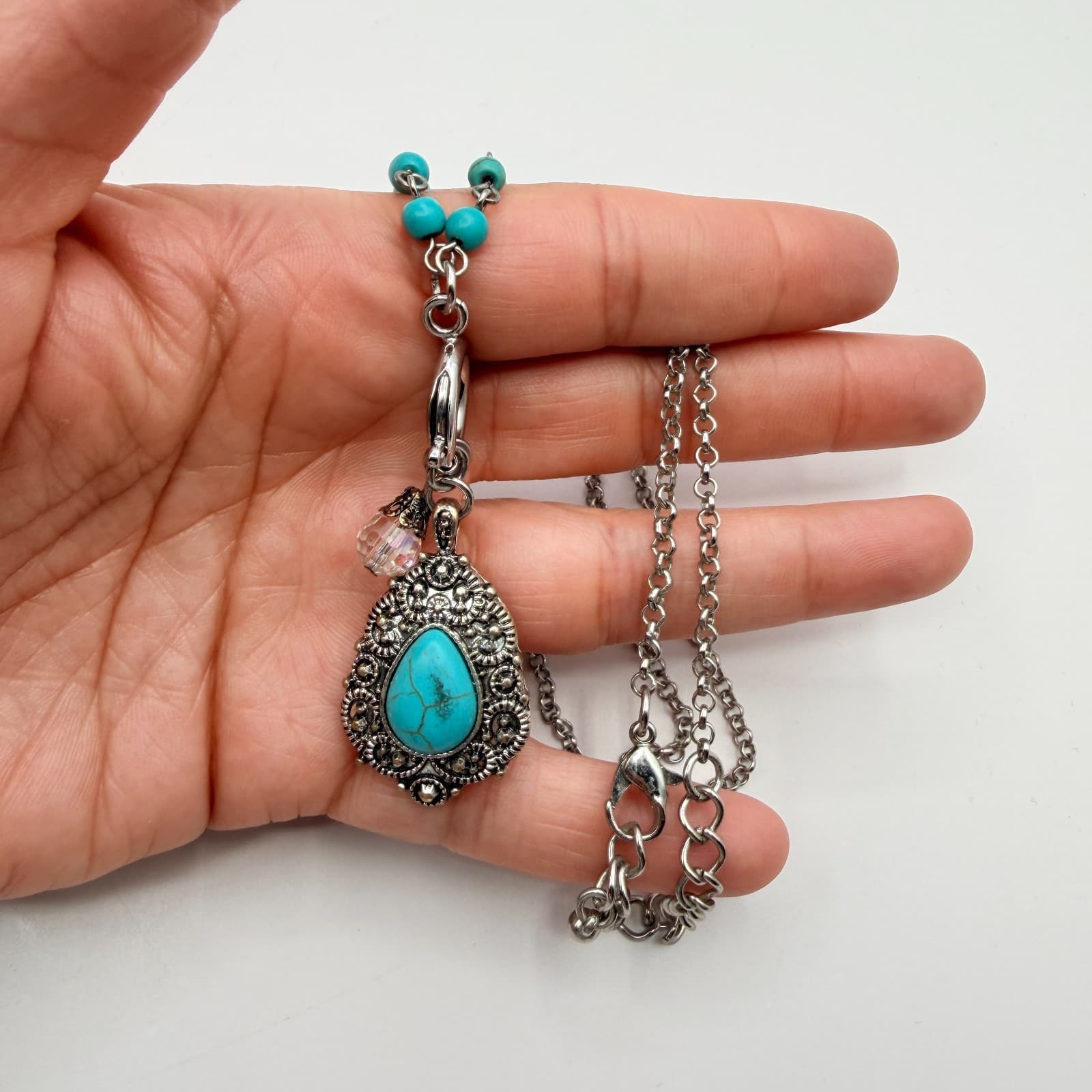 Vintage 90s Silver Tone Turquoise Beaded Teardrop Pendant Necklace Boho Jewelry - Thumbnail 9