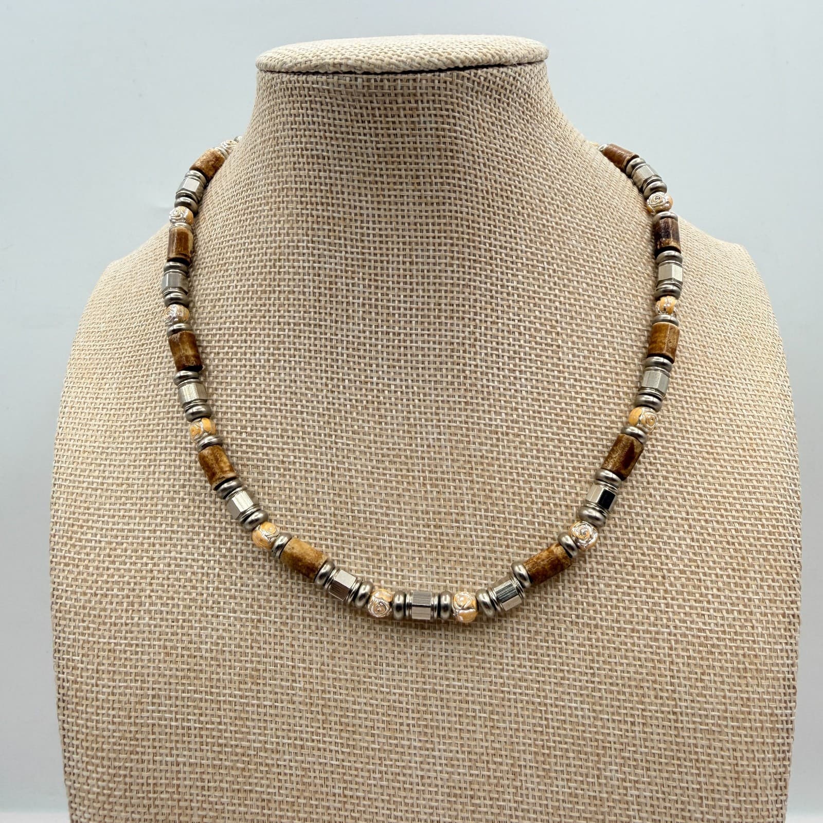 Vintage 90s Silver Tone Beaded Necklace Brown Wood Glass Boho Earthy Jewelry - Image 1