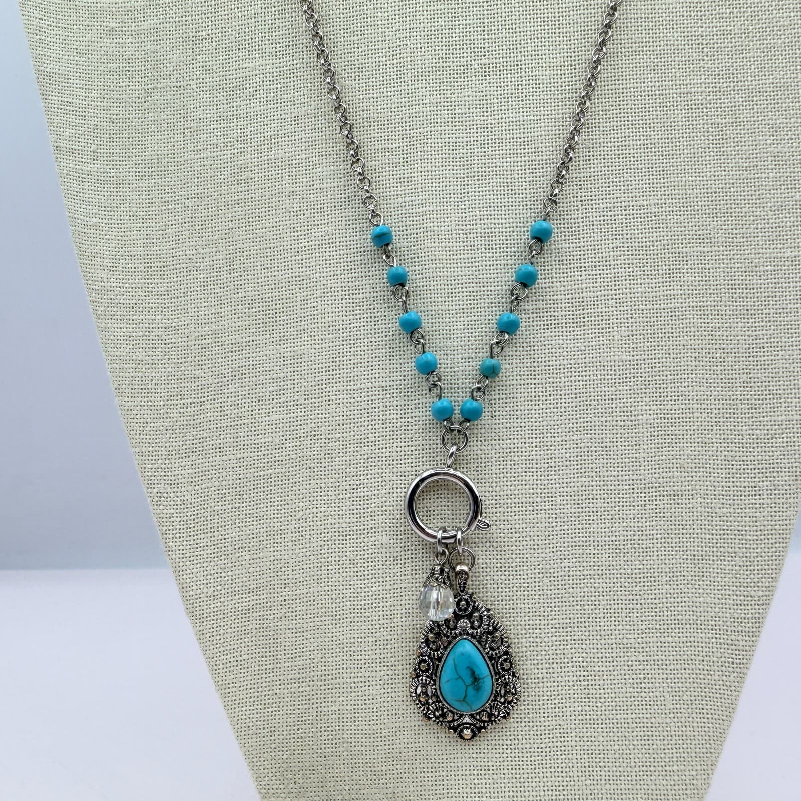 Vintage 90s Silver Tone Turquoise Beaded Teardrop Pendant Necklace Boho Jewelry - Thumbnail 5