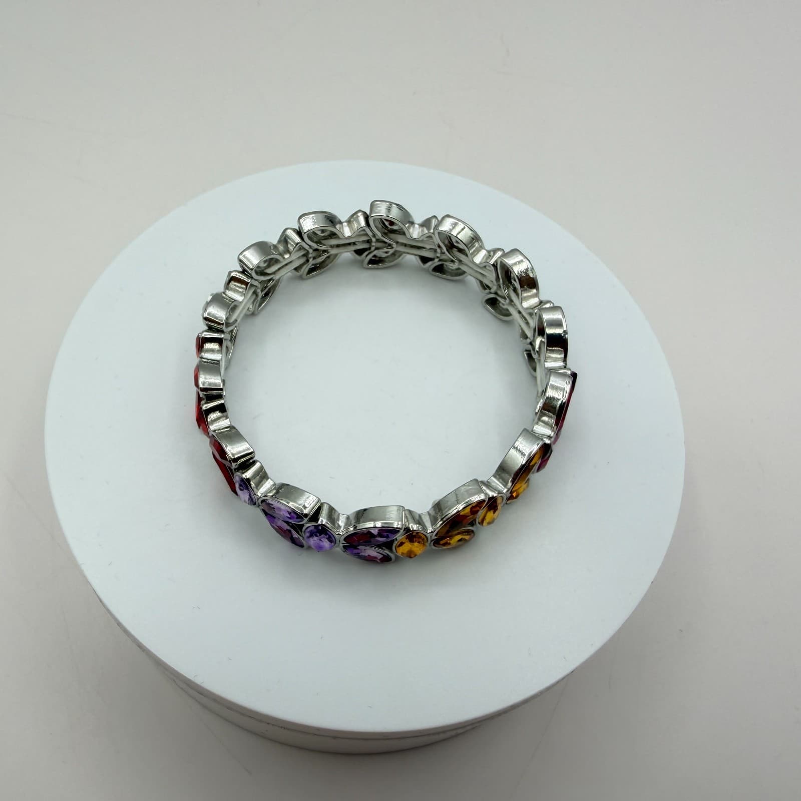 VTG 90s Silver Tone Rhinestones Stretch Bracelet Women's Classic Fashion Jewelry - Thumbnail 5