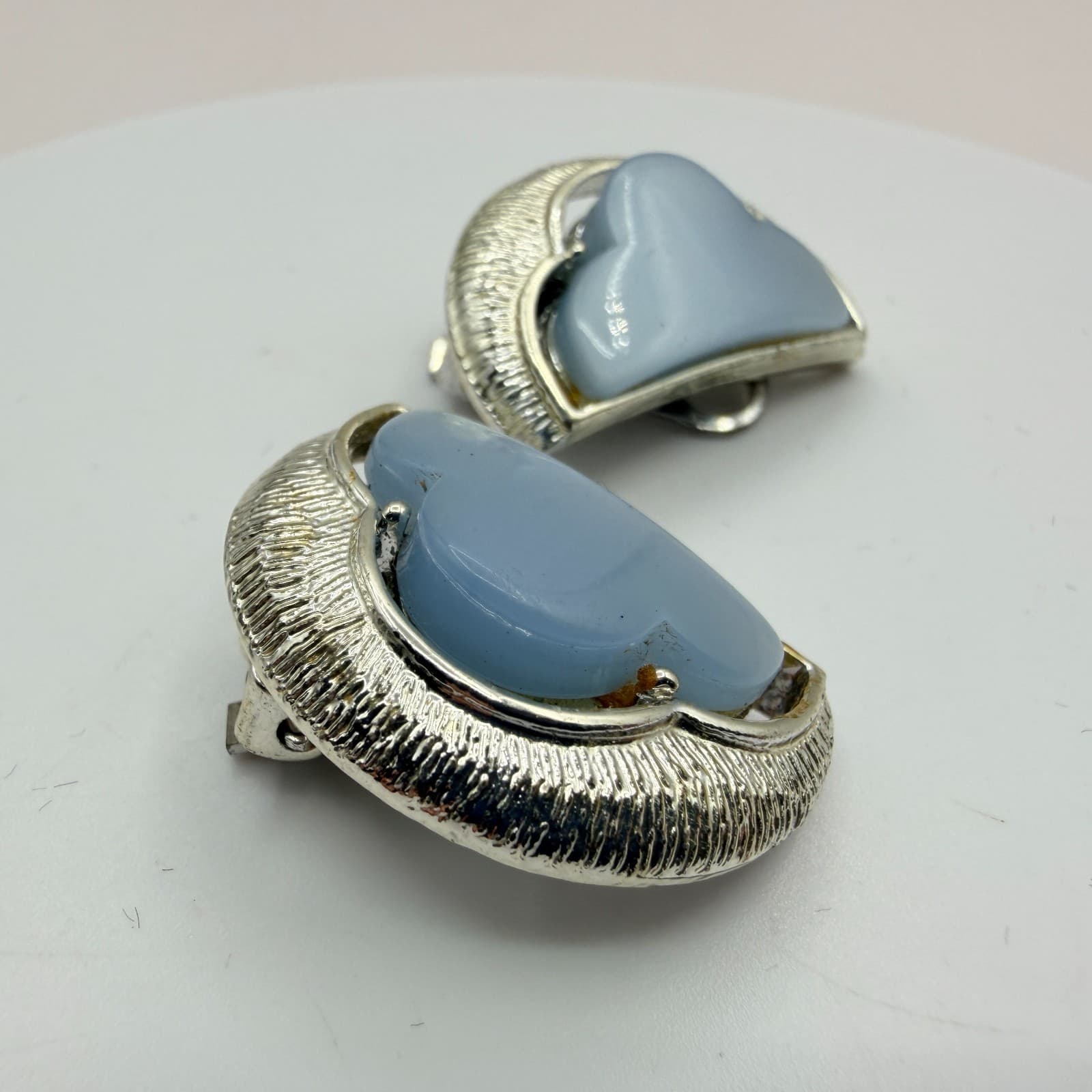Vintage 80s Modern Blue Chalcedony Clip-On Earrings Silver Tone Abstract Jewelry - Thumbnail 5