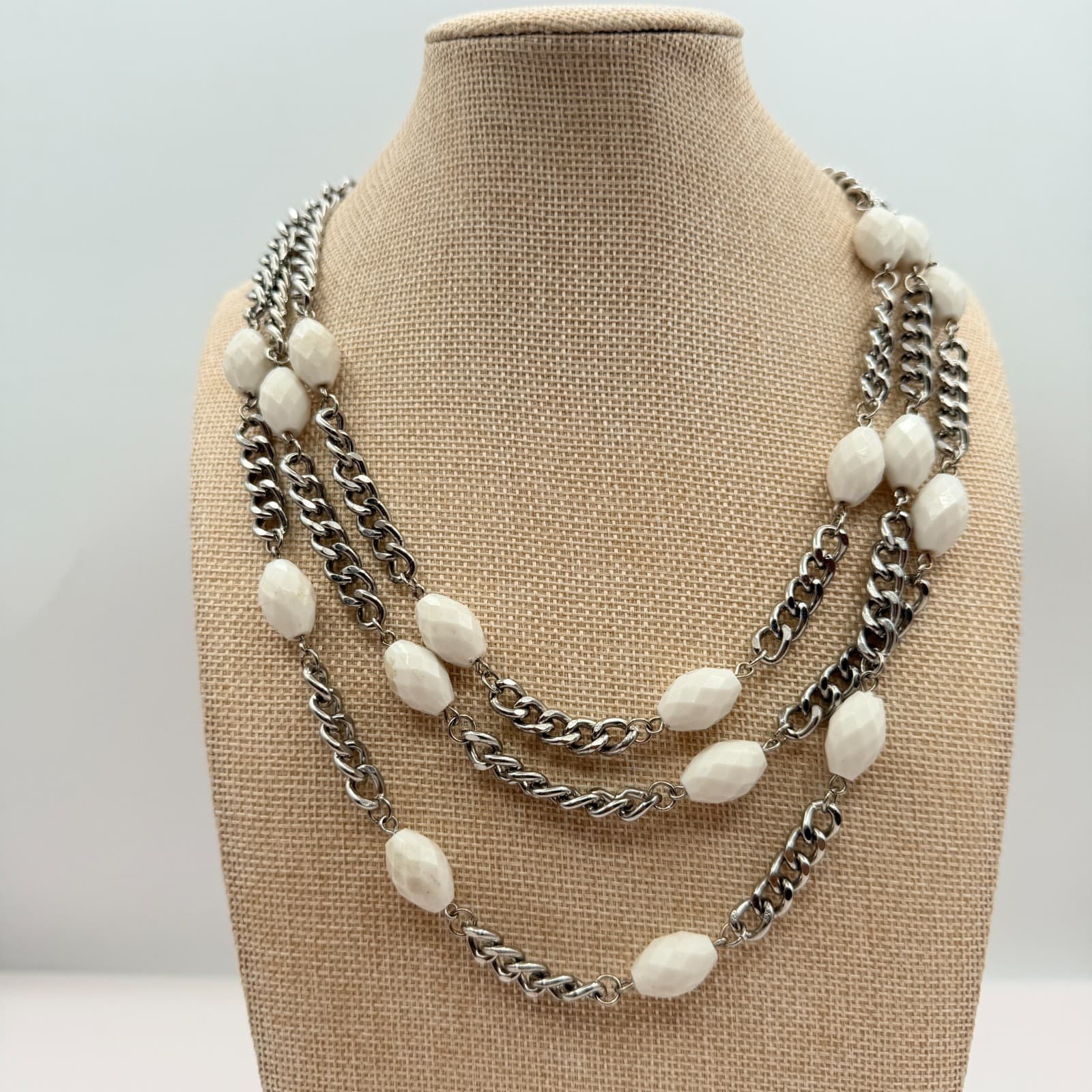 Vintage 90s Multi Strand Silver Tone Chunky Chain White Beaded Necklace Jewelry - Thumbnail 2