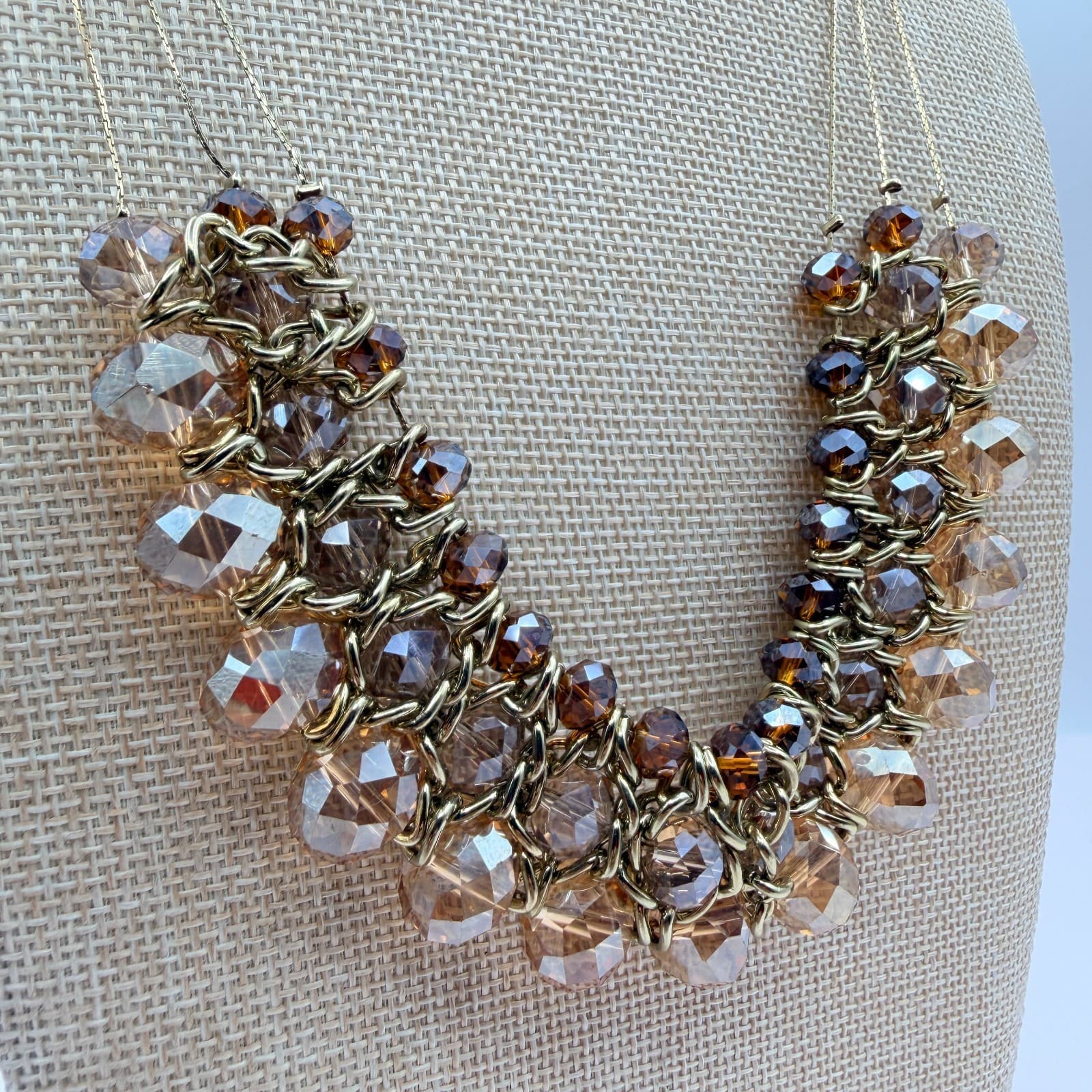 Vintage 90s Gold Tone Multi Strand Beaded Statement Bib Necklace Women's Jewelry - Thumbnail 5