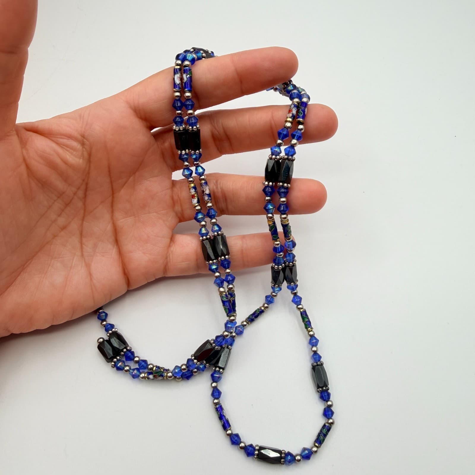 Vintage 90s Hematite Blue Glass Beaded Necklace Boho Women's Fashion Jewelry - Thumbnail 9