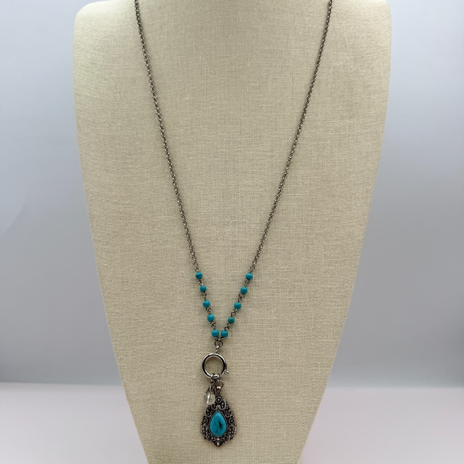 Vintage 90s Silver Tone Turquoise Beaded Teardrop Pendant Necklace Boho Jewelry - Thumbnail 7