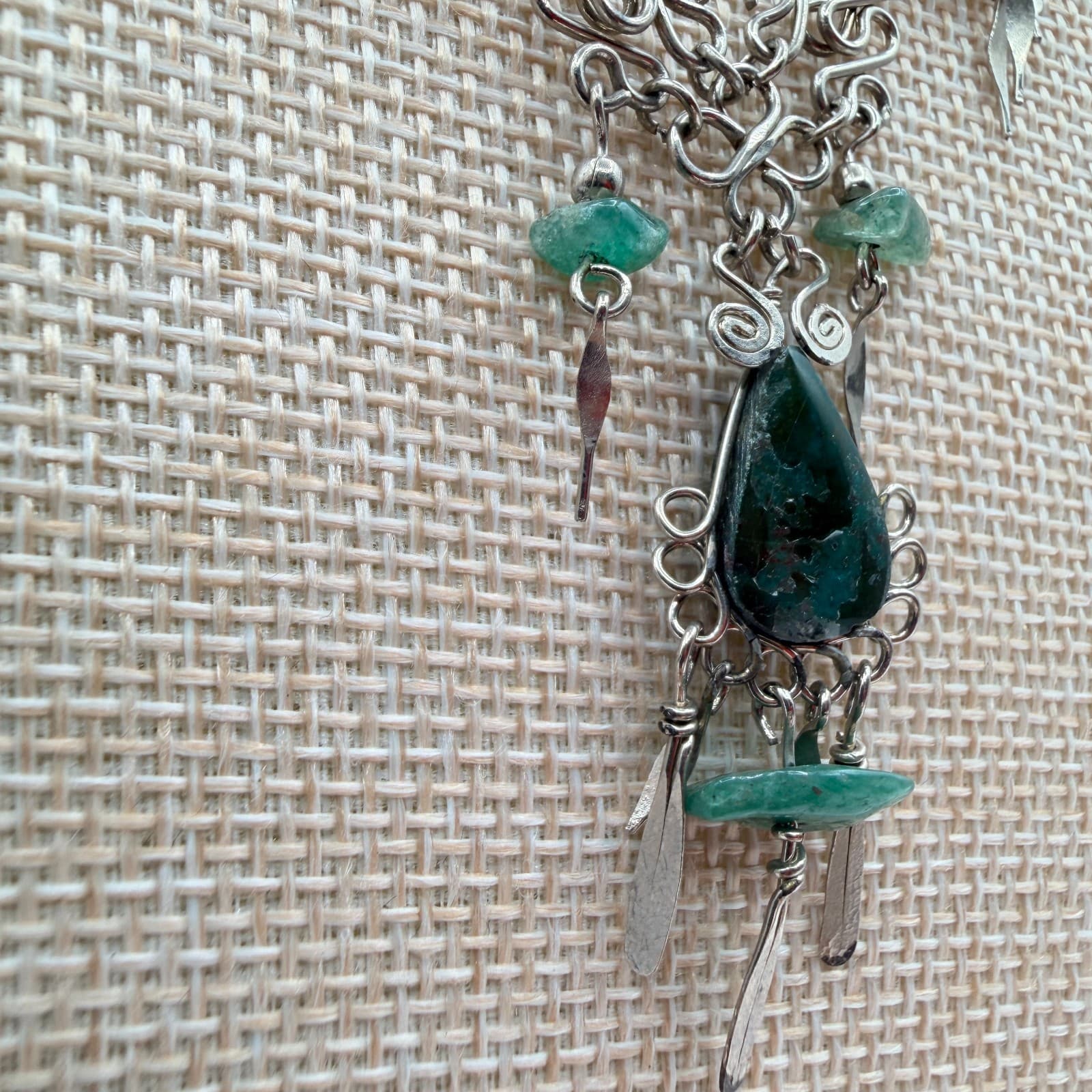 Vintage 70s Silver Tone Artisan Wire Wrap Necklace Stone Boho Fashion Jewelry - Thumbnail 5