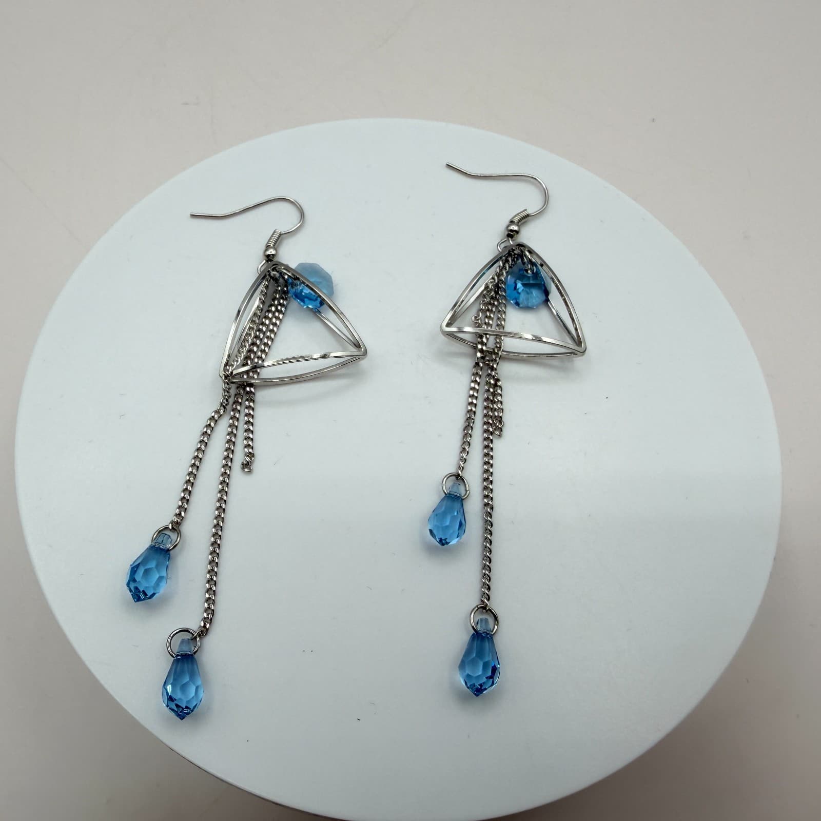 Vintage 80s Silver Tone Blue Teardrop Dangle Earrings Geometric Tassel Jewelry - Thumbnail 7