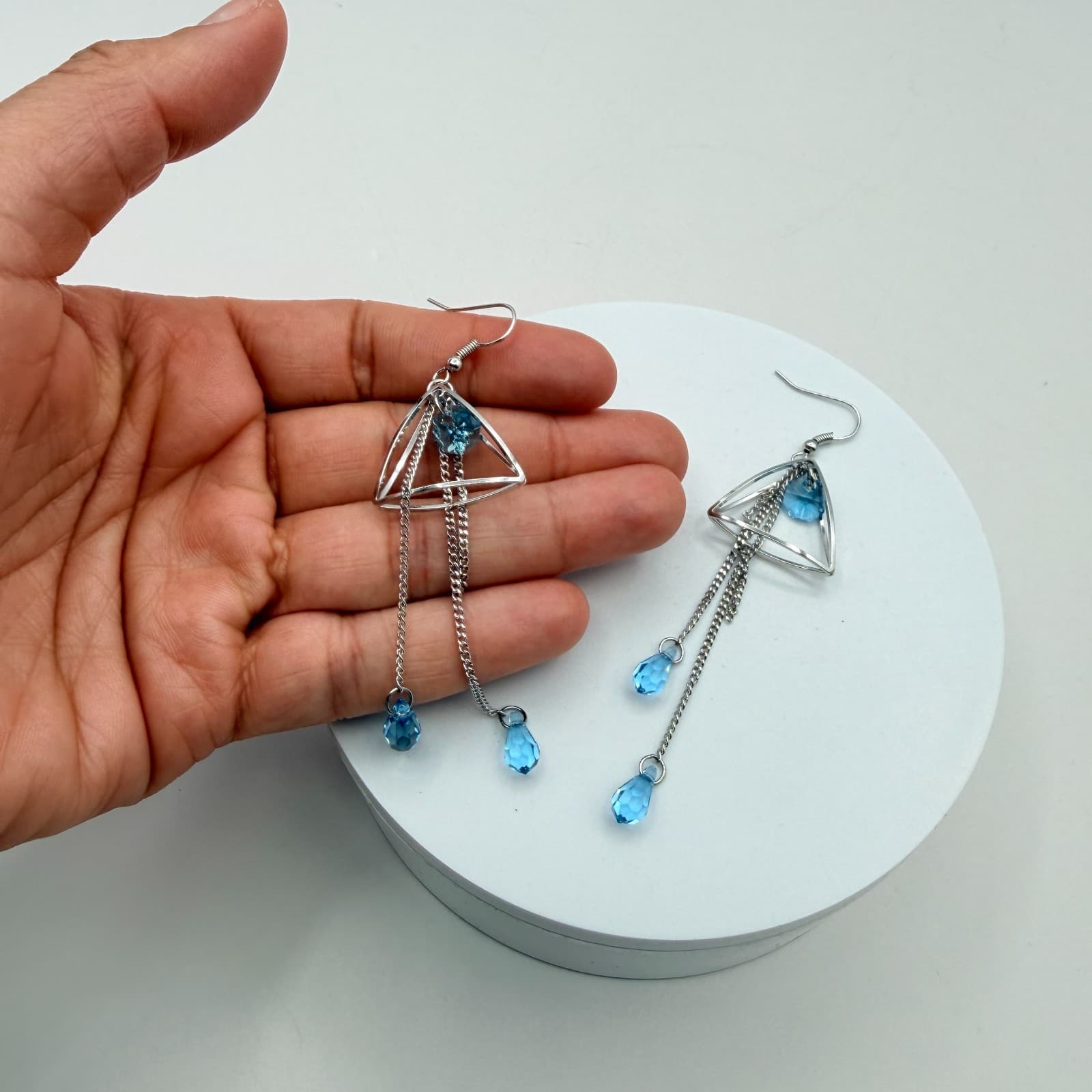 Vintage 80s Silver Tone Blue Teardrop Dangle Earrings Geometric Tassel Jewelry - Thumbnail 8