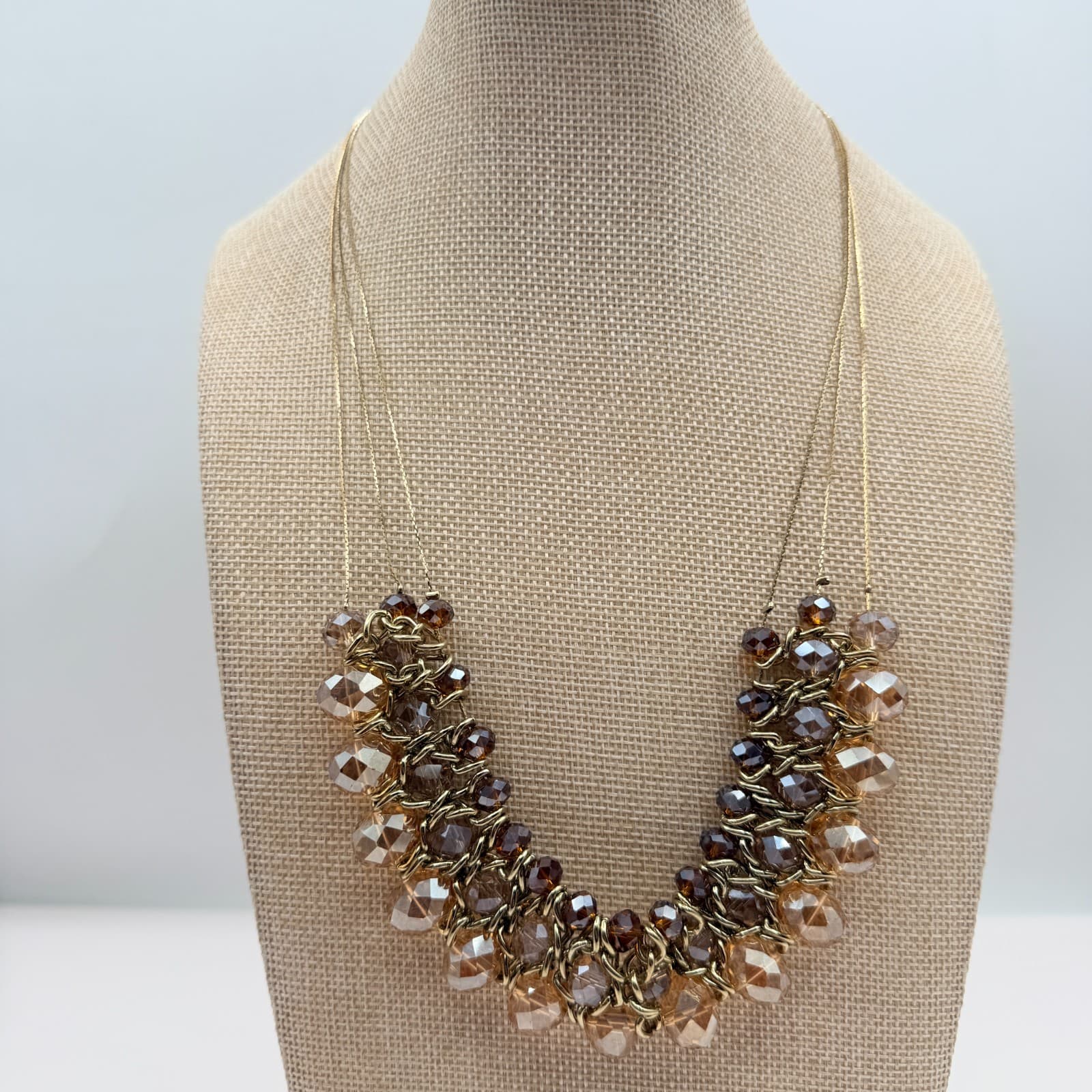 Vintage 90s Gold Tone Multi Strand Beaded Statement Bib Necklace Women's Jewelry - Thumbnail 8