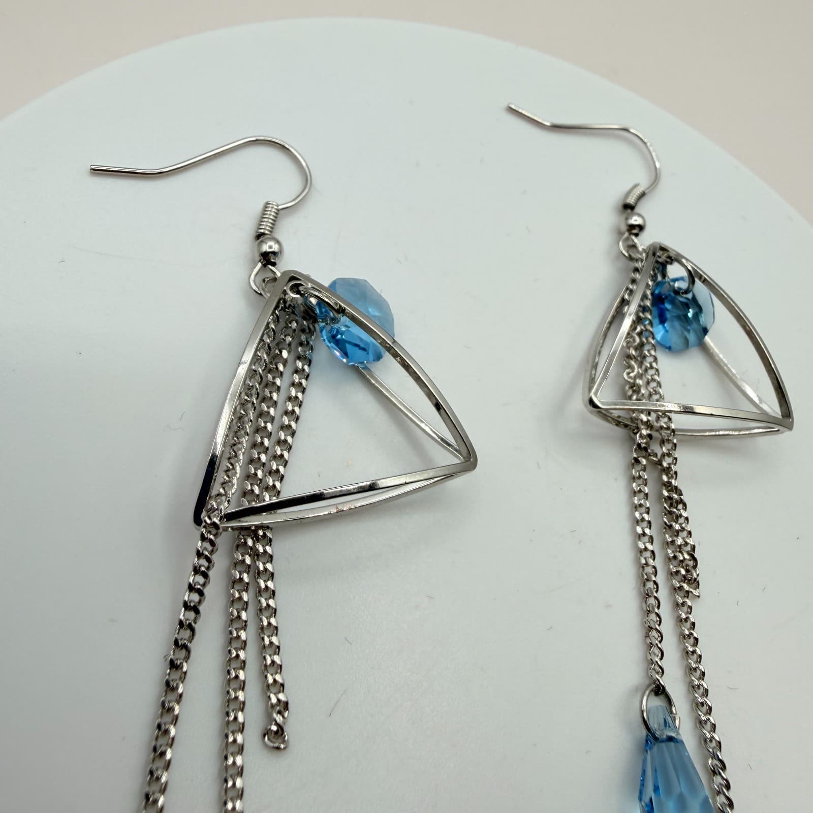 Vintage 80s Silver Tone Blue Teardrop Dangle Earrings Geometric Tassel Jewelry - Thumbnail 4