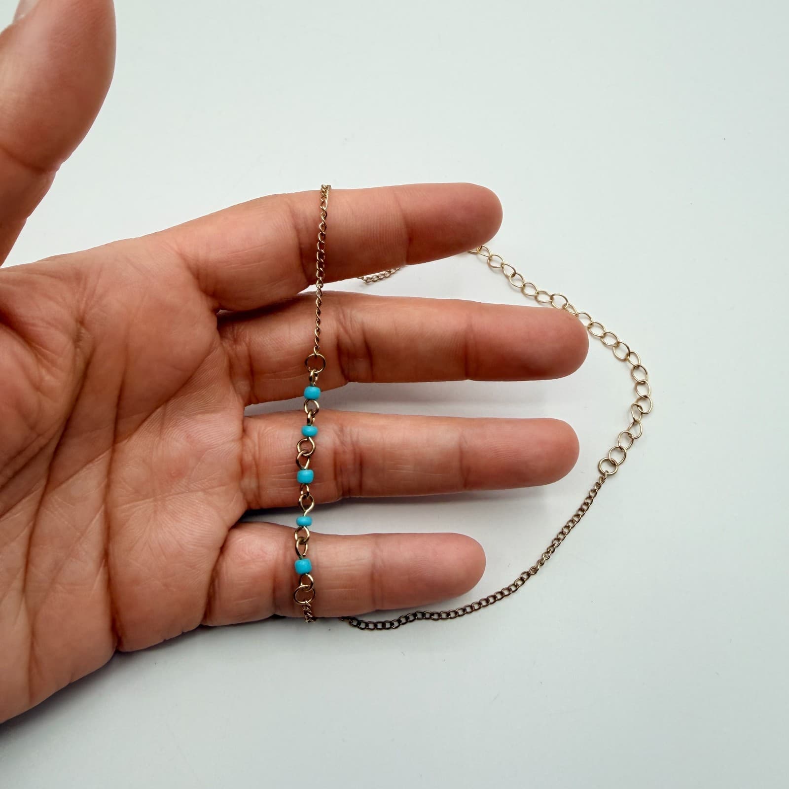 Vintage 90s Gold Tone Necklace Turquoise Blue Glass Bead Minimalist Boho Jewelry - Thumbnail 9