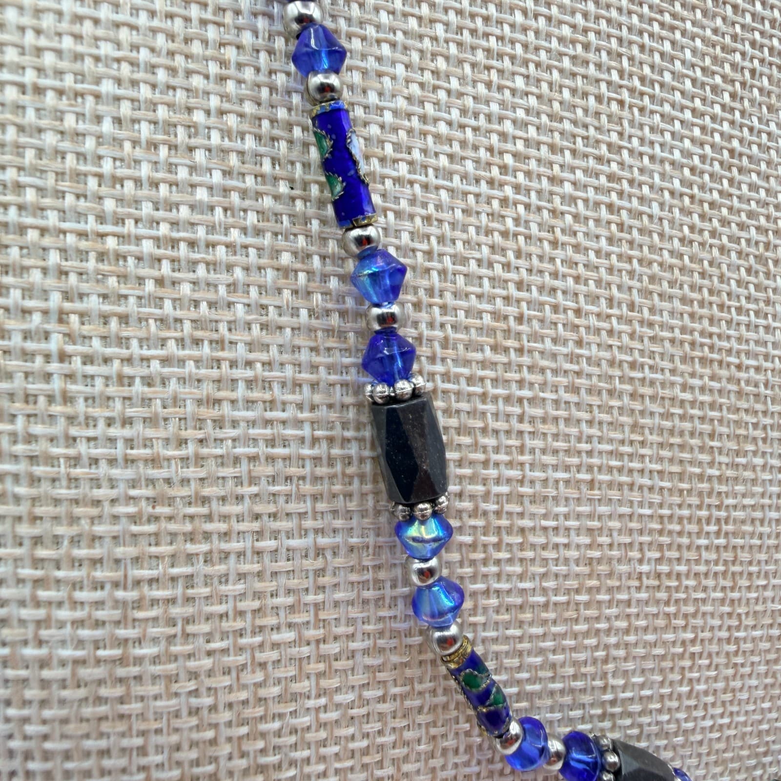 Vintage 90s Hematite Blue Glass Beaded Necklace Boho Women's Fashion Jewelry - Thumbnail 4
