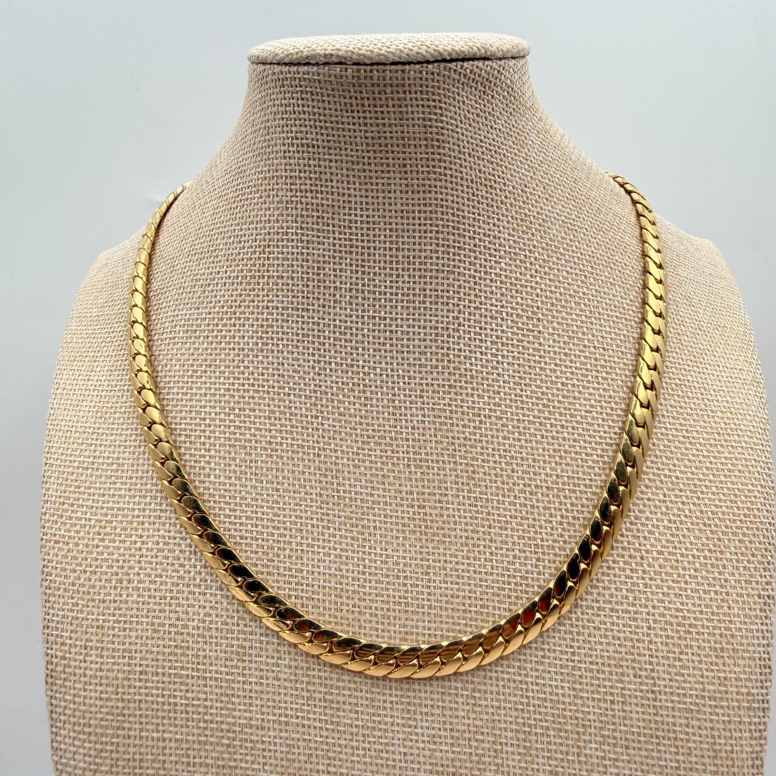 Vintage 90s Gold Tone Herringbone Curb Link Chain Necklace Flat Chunky Statement - Image 1