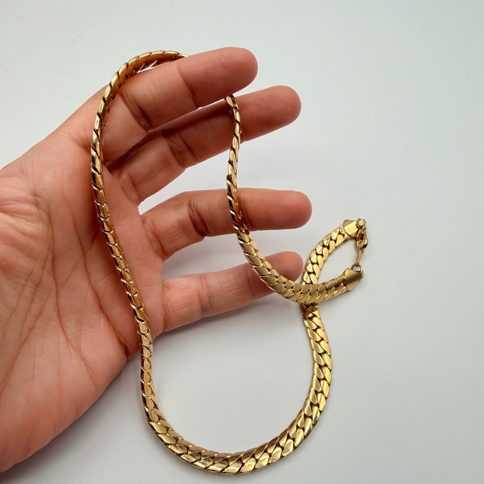 Vintage 90s Gold Tone Herringbone Curb Link Chain Necklace Flat Chunky Statement - Thumbnail 10