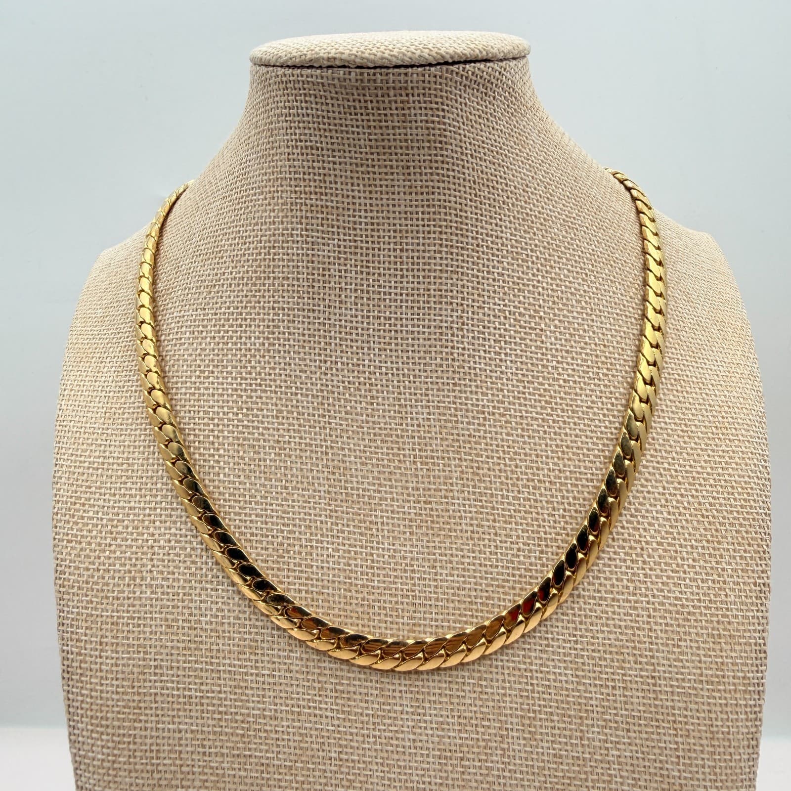 Vintage 90s Gold Tone Herringbone Curb Link Chain Necklace Flat Chunky Statement - Thumbnail 8