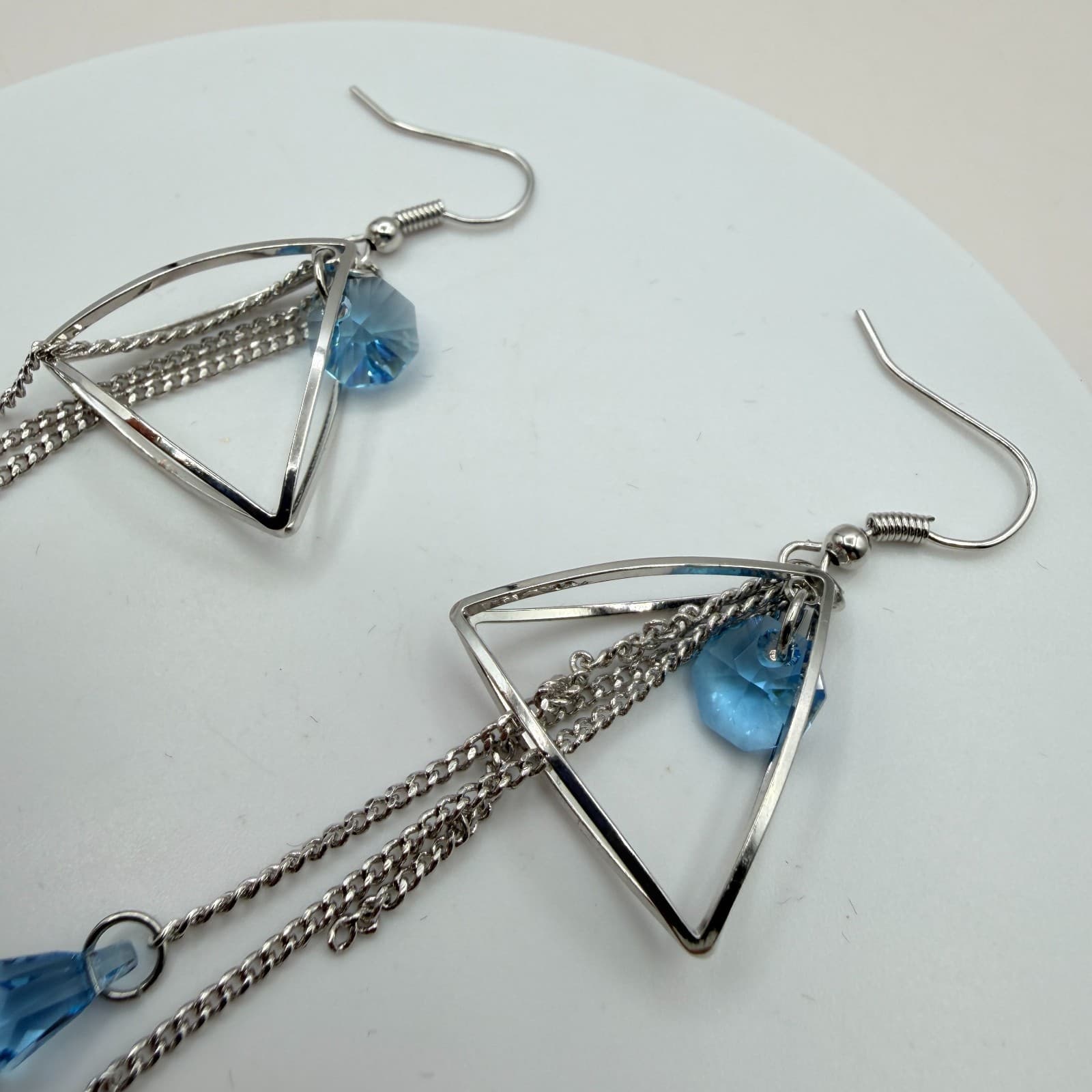Vintage 80s Silver Tone Blue Teardrop Dangle Earrings Geometric Tassel Jewelry - Thumbnail 5