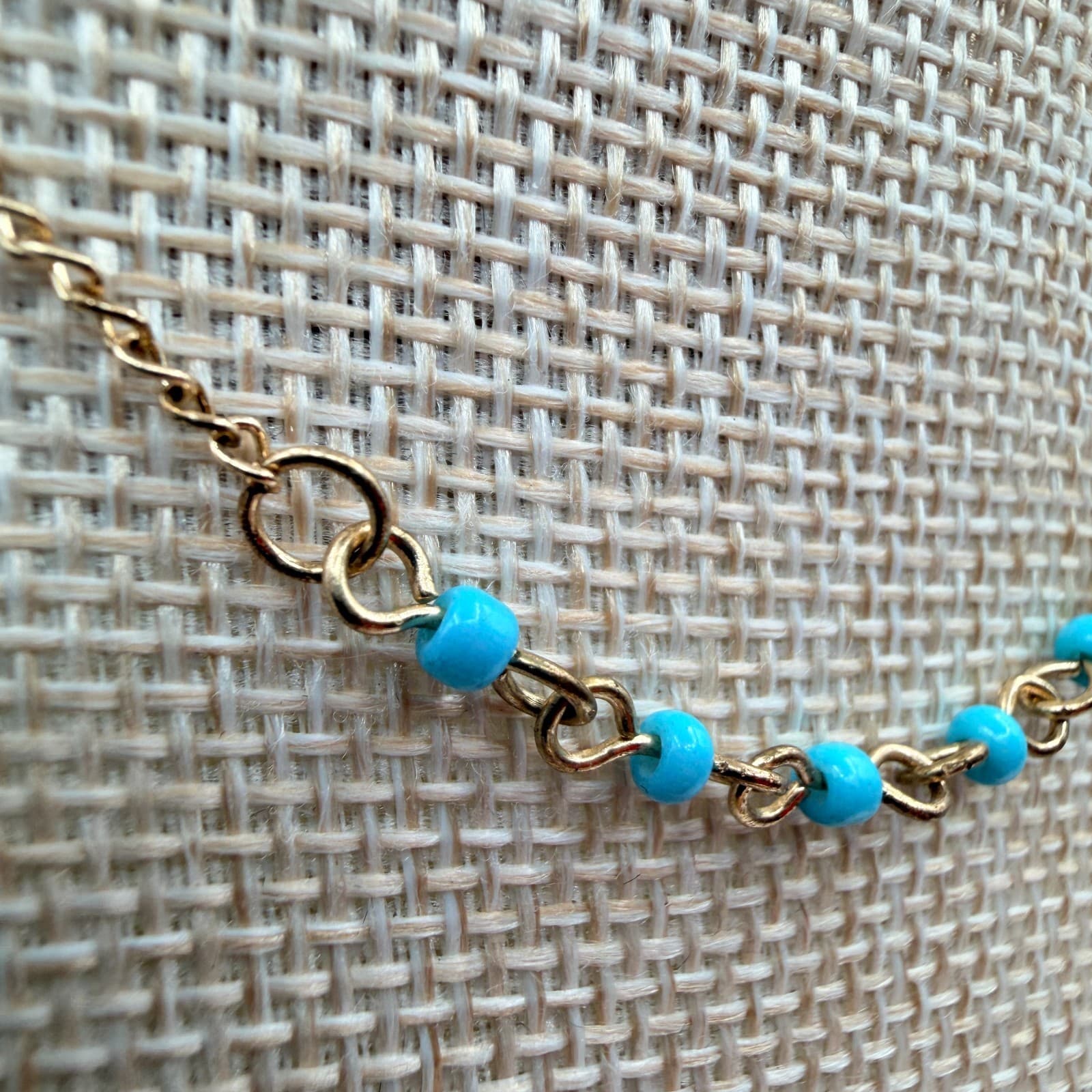 Vintage 90s Gold Tone Necklace Turquoise Blue Glass Bead Minimalist Boho Jewelry - Thumbnail 4