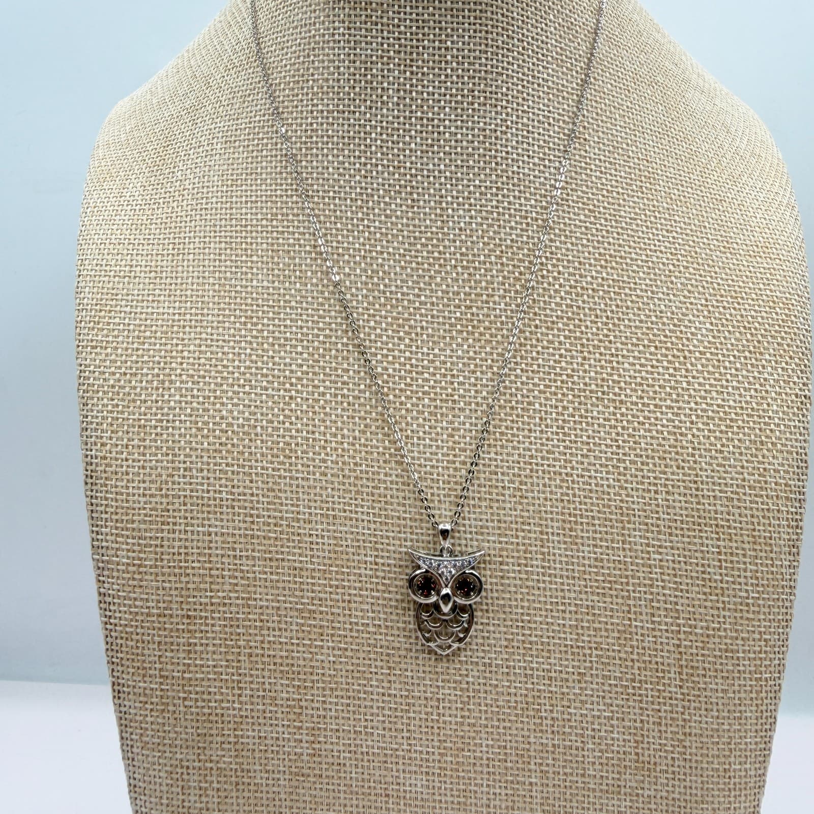 Vintage 90s Silver Tone Brown Eyes Owl Pendant Necklace Boho Women's Jewelry - Thumbnail 4