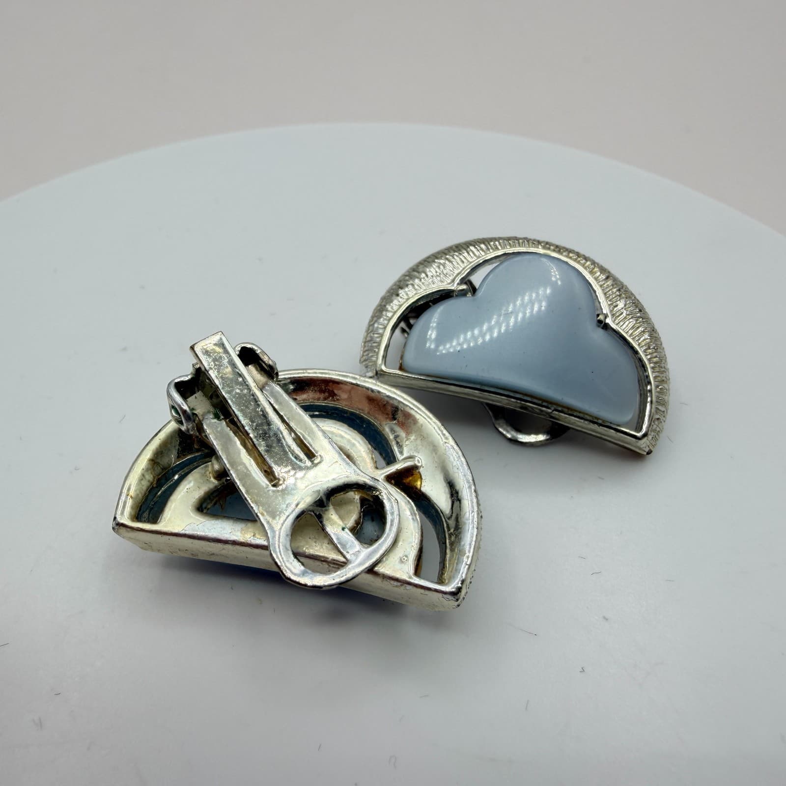 Vintage 80s Modern Blue Chalcedony Clip-On Earrings Silver Tone Abstract Jewelry - Thumbnail 7