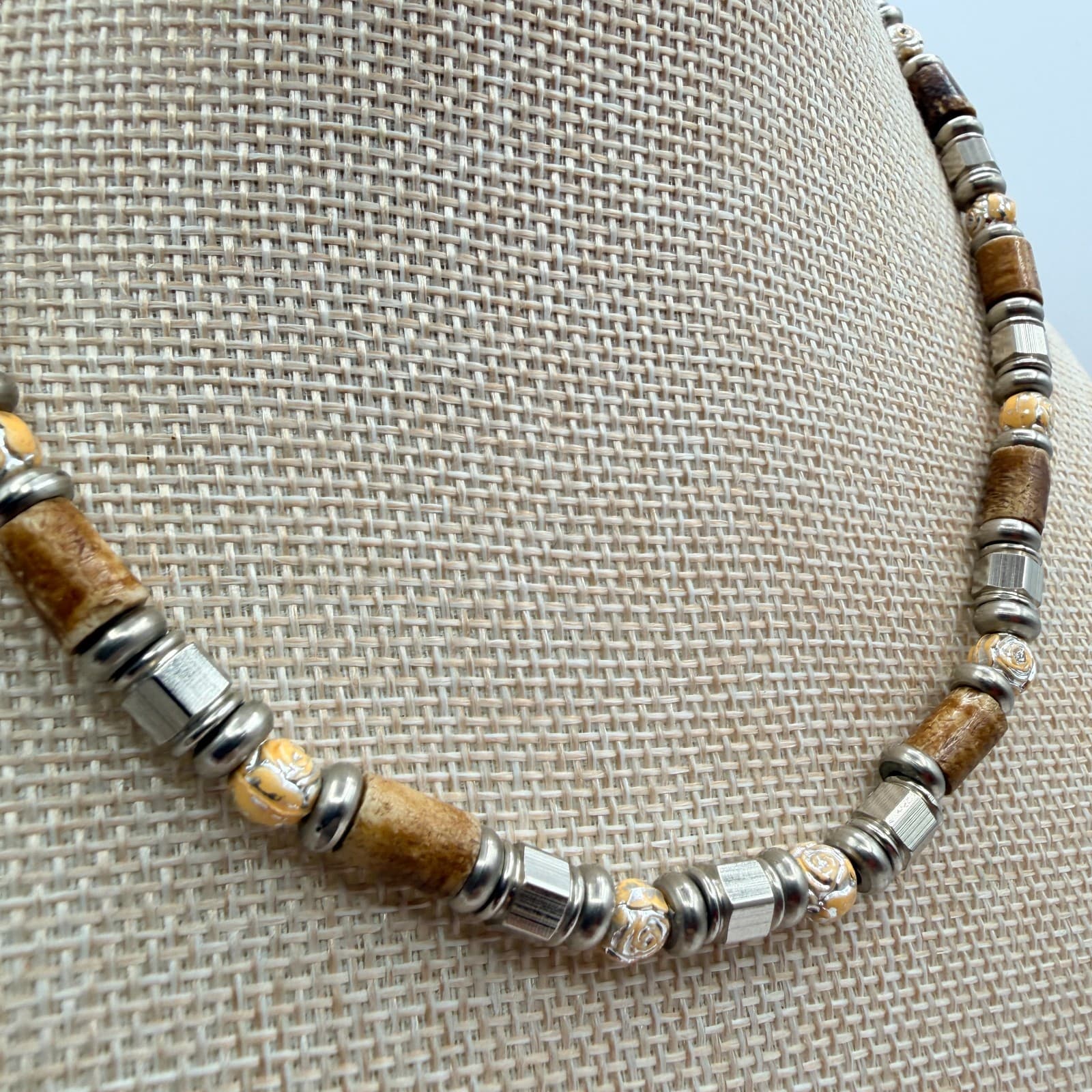 Vintage 90s Silver Tone Beaded Necklace Brown Wood Glass Boho Earthy Jewelry - Thumbnail 3