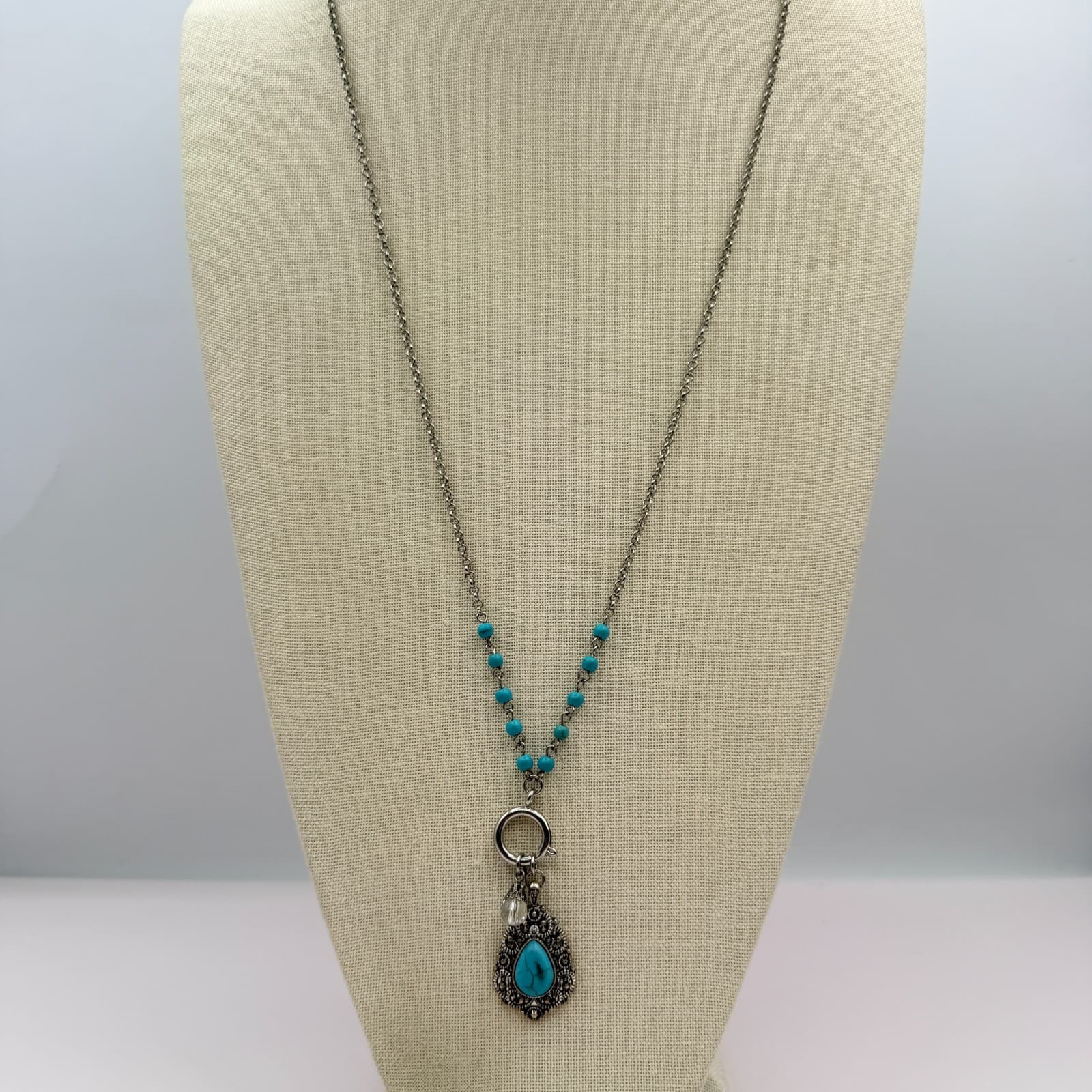 Vintage 90s Silver Tone Turquoise Beaded Teardrop Pendant Necklace Boho Jewelry - Thumbnail 3