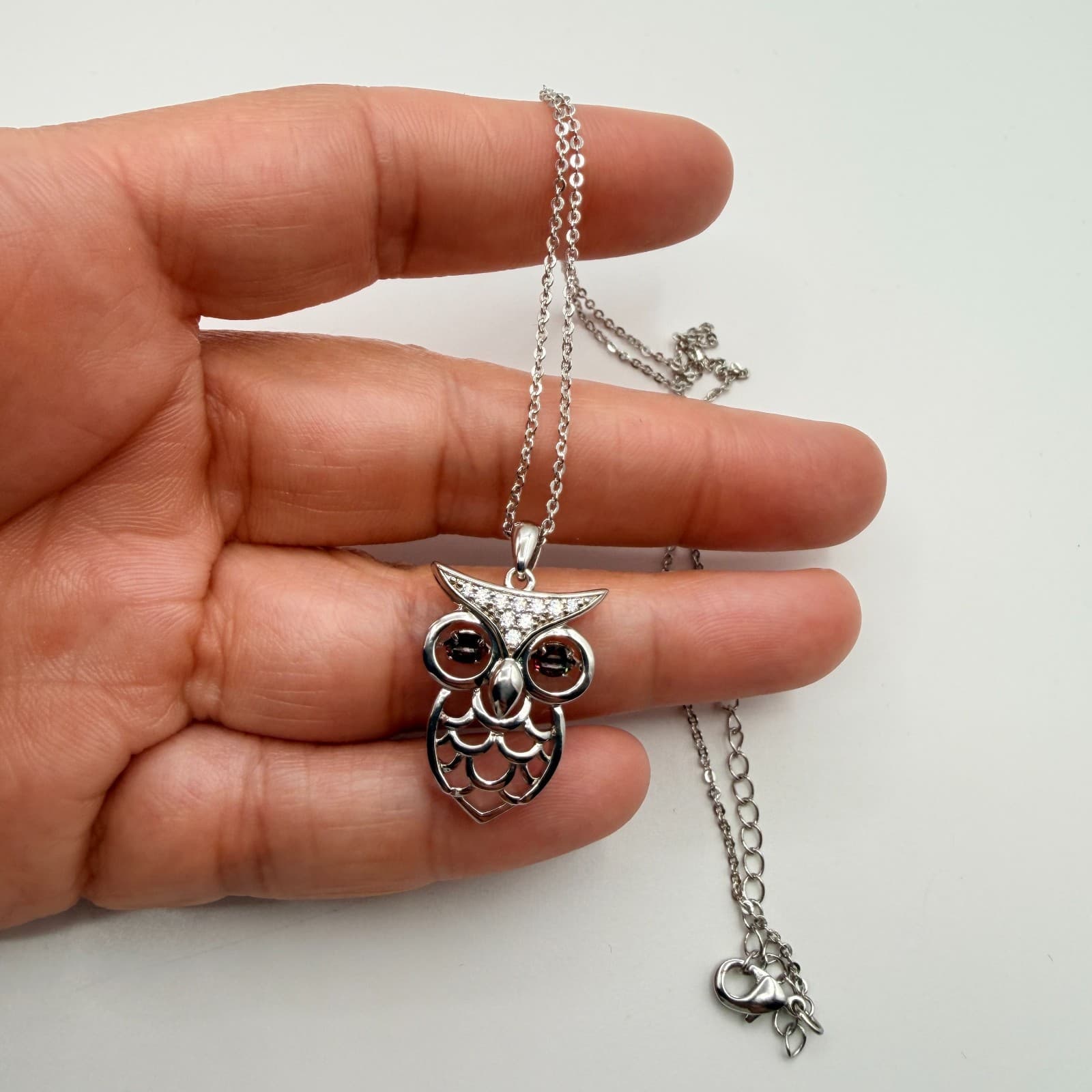 Vintage 90s Silver Tone Brown Eyes Owl Pendant Necklace Boho Women's Jewelry - Thumbnail 10