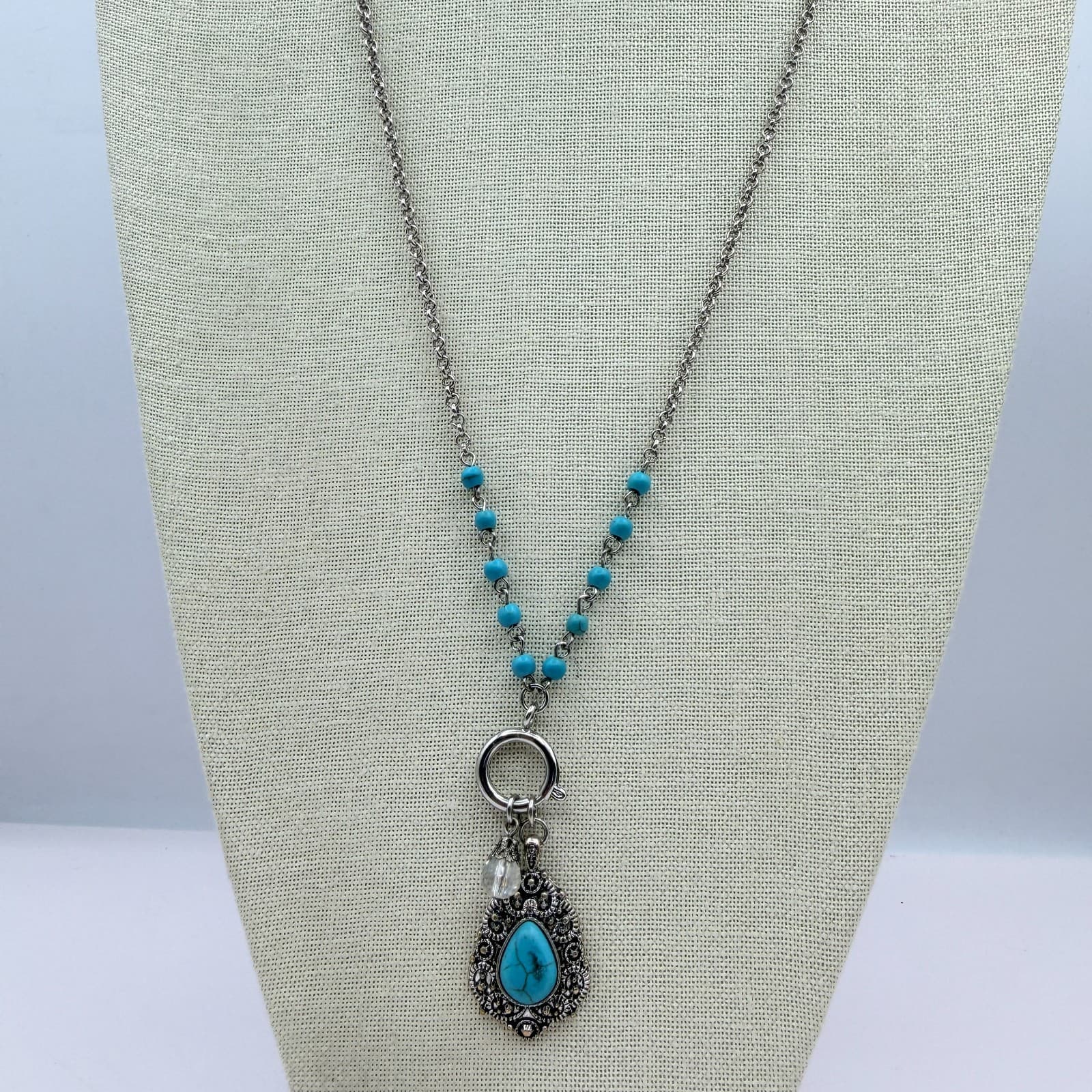Vintage 90s Silver Tone Turquoise Beaded Teardrop Pendant Necklace Boho Jewelry - Thumbnail 6