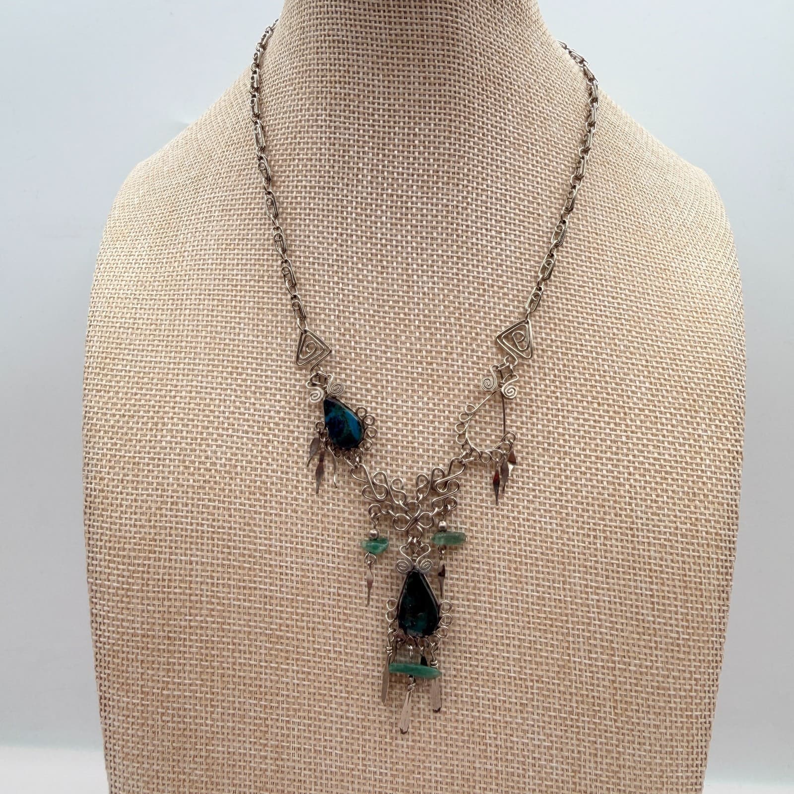 Vintage 70s Silver Tone Artisan Wire Wrap Necklace Stone Boho Fashion Jewelry - Thumbnail 7