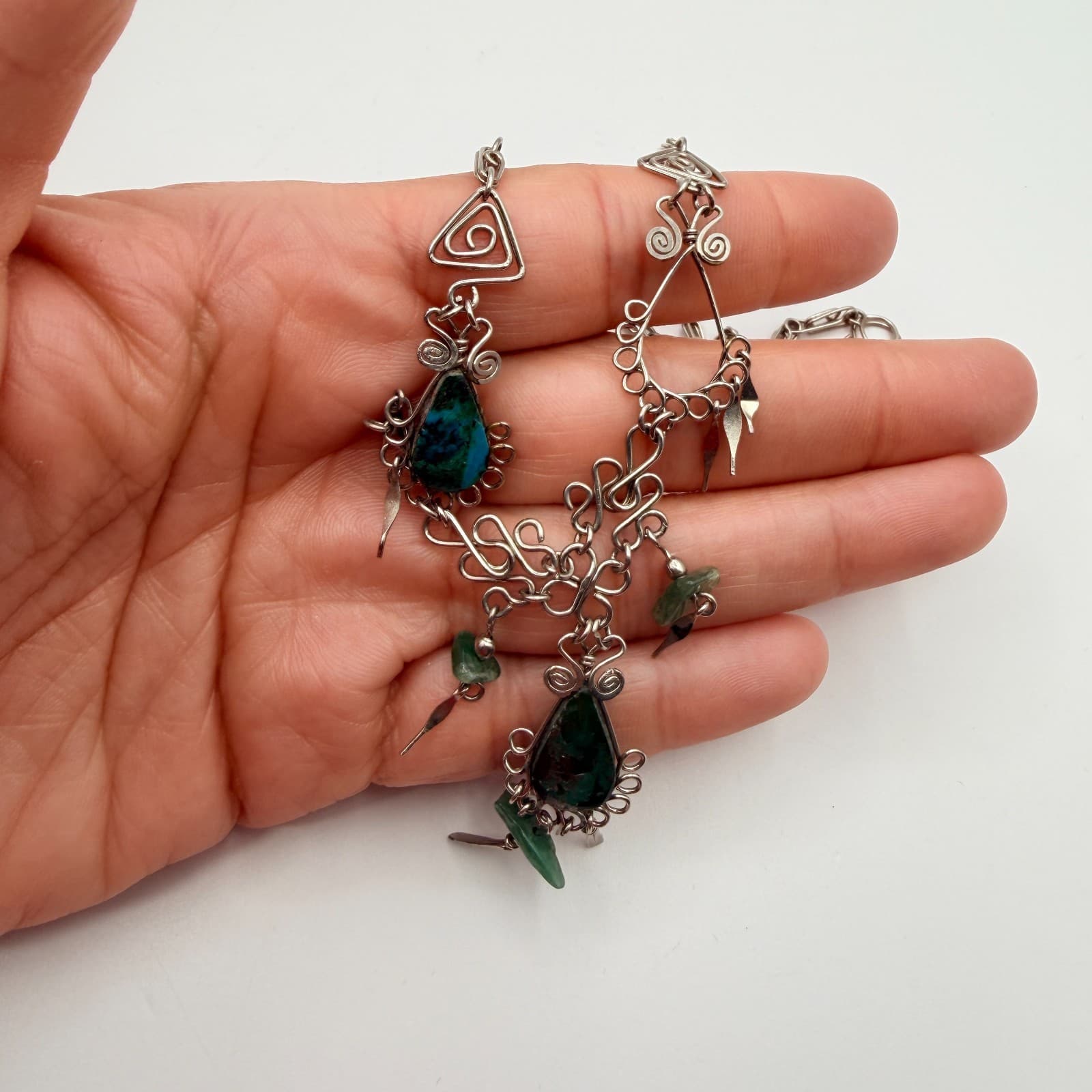 Vintage 70s Silver Tone Artisan Wire Wrap Necklace Stone Boho Fashion Jewelry - Thumbnail 10