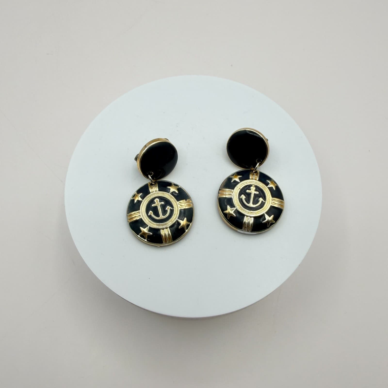 Vintage 80s Anchor Earrings Gold Tone Black Enamel Star Accent Clip-On Jewelry - Image 1