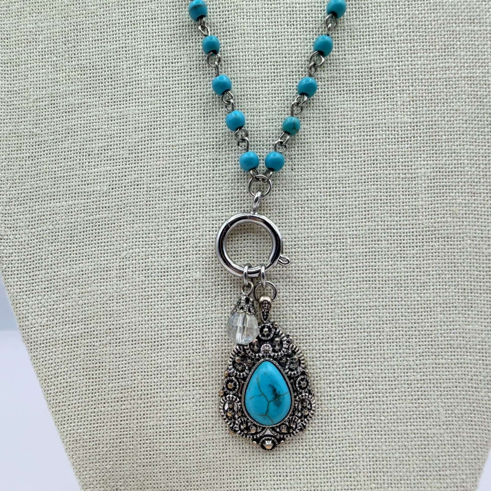 Vintage 90s Silver Tone Turquoise Beaded Teardrop Pendant Necklace Boho Jewelry - Thumbnail 4