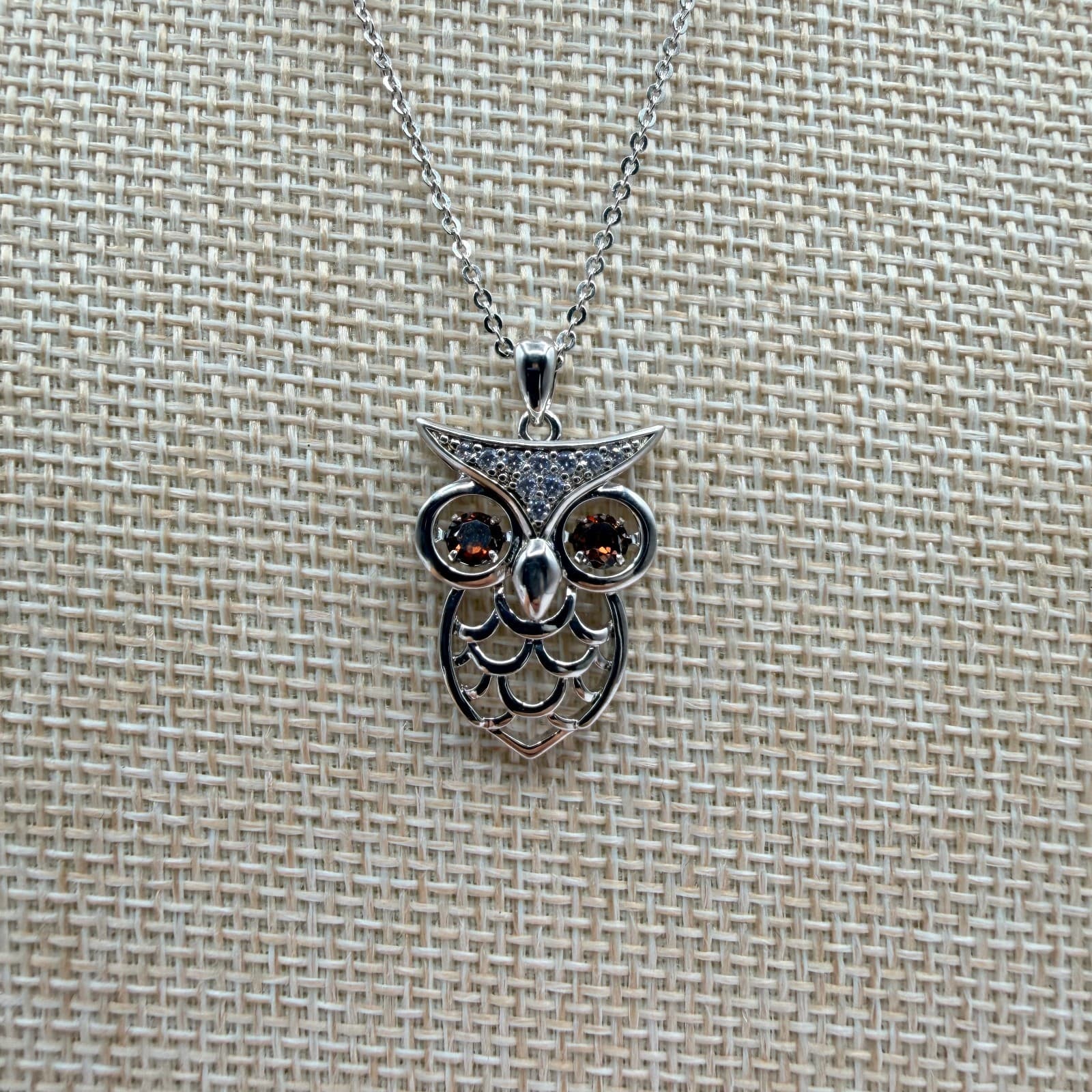 Vintage 90s Silver Tone Brown Eyes Owl Pendant Necklace Boho Women's Jewelry - Thumbnail 2