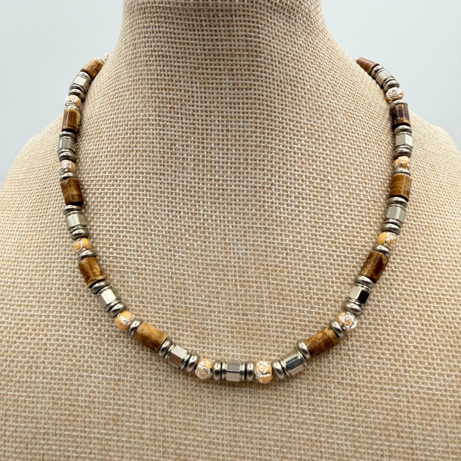 Vintage 90s Silver Tone Beaded Necklace Brown Wood Glass Boho Earthy Jewelry - Thumbnail 2