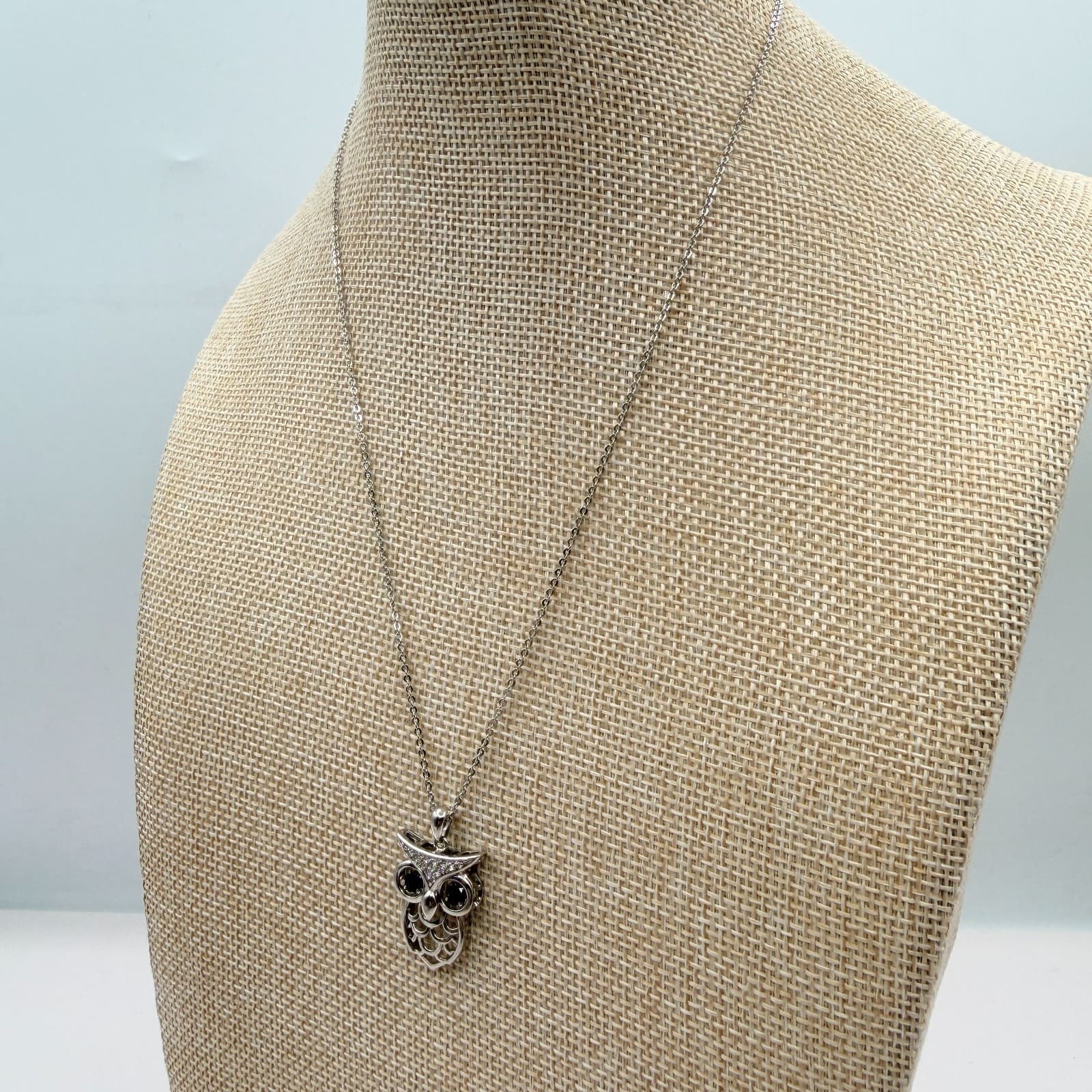 Vintage 90s Silver Tone Brown Eyes Owl Pendant Necklace Boho Women's Jewelry - Thumbnail 8
