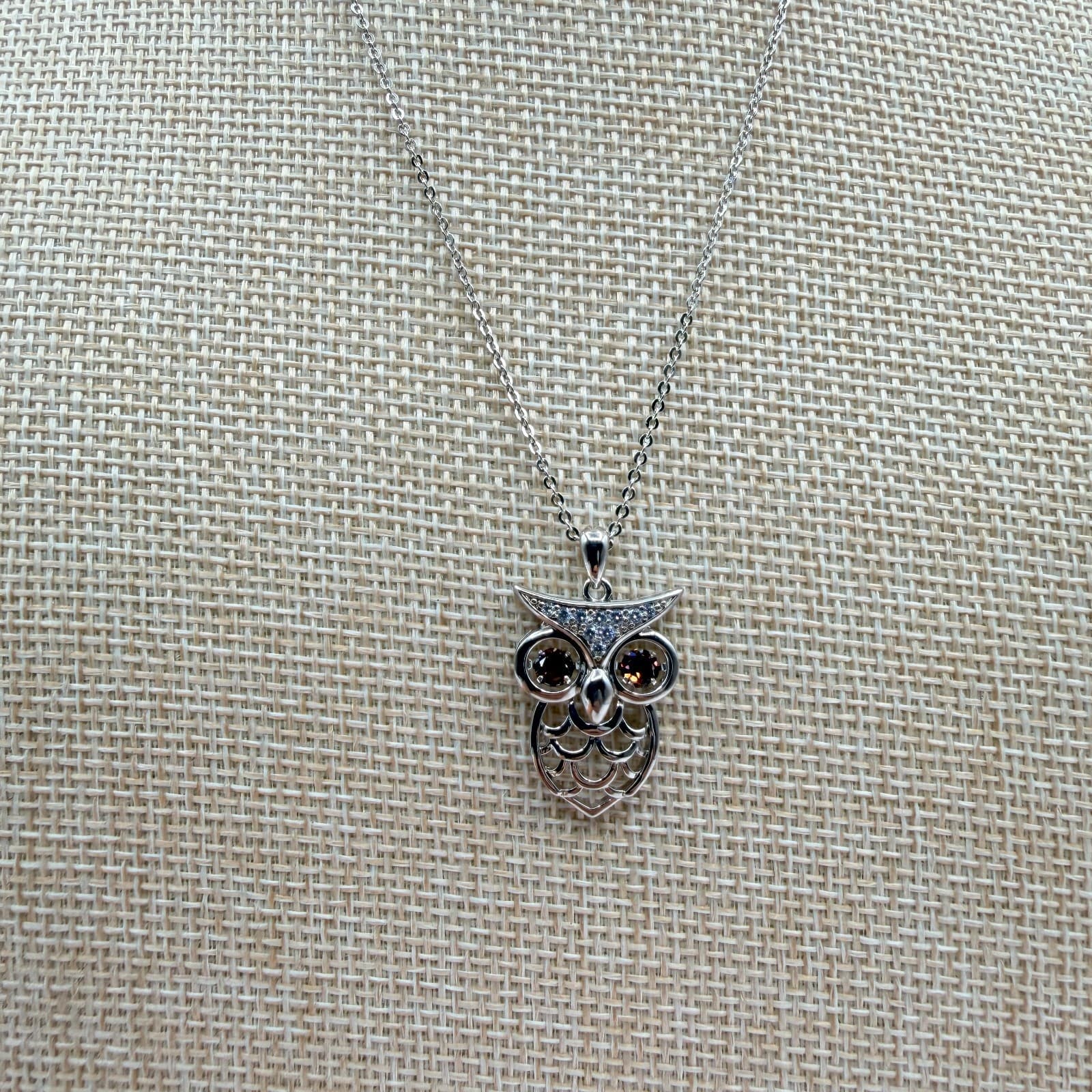 Vintage 90s Silver Tone Brown Eyes Owl Pendant Necklace Boho Women's Jewelry - Thumbnail 3