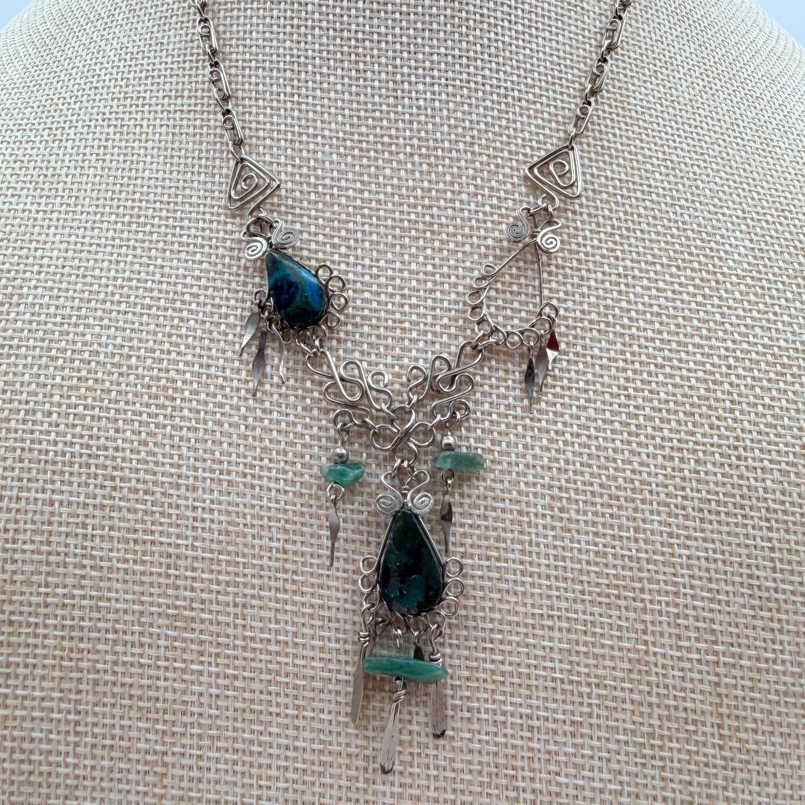 Vintage 70s Silver Tone Artisan Wire Wrap Necklace Stone Boho Fashion Jewelry - Thumbnail 6