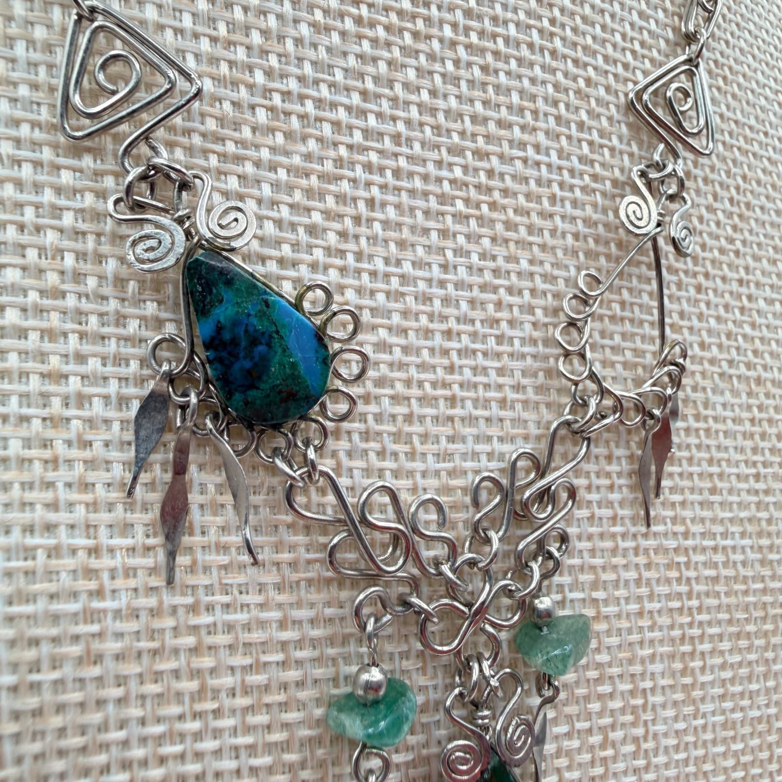 Vintage 70s Silver Tone Artisan Wire Wrap Necklace Stone Boho Fashion Jewelry - Thumbnail 4