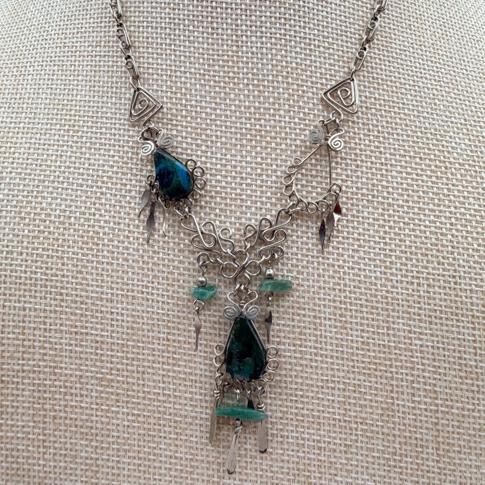 Vintage 70s Silver Tone Artisan Wire Wrap Necklace Stone Boho Fashion Jewelry - Thumbnail 8