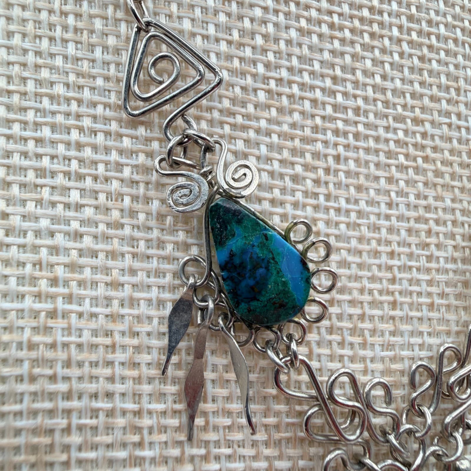 Vintage 70s Silver Tone Artisan Wire Wrap Necklace Stone Boho Fashion Jewelry - Thumbnail 3