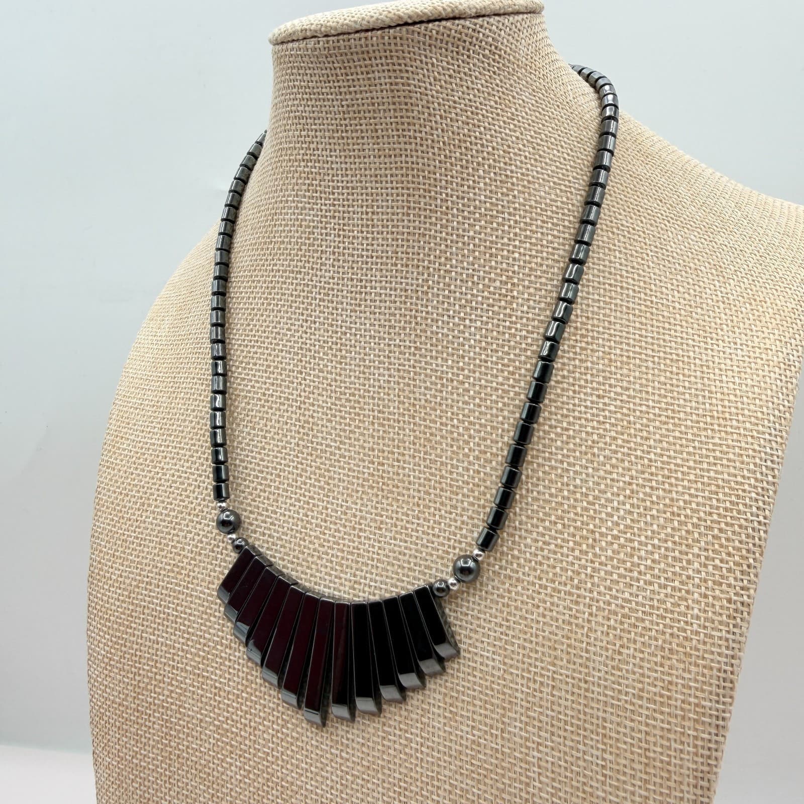 Vintage 90s Hematite Beaded Fringe Statement Necklace Boho Fashion Jewelry - Thumbnail 7