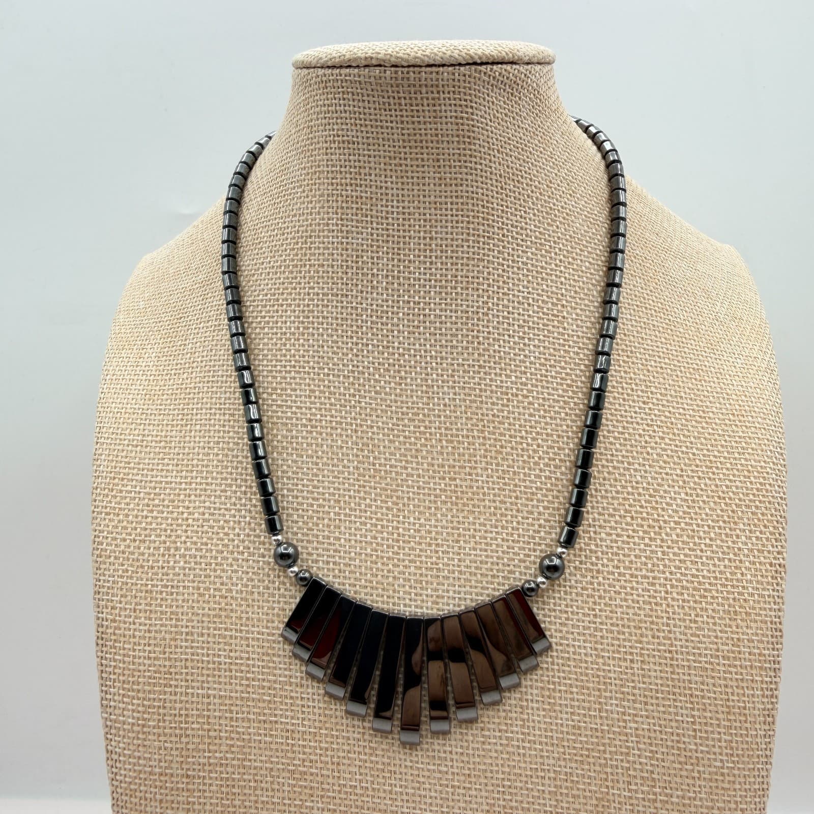 Vintage 90s Hematite Beaded Fringe Statement Necklace Boho Fashion Jewelry - Thumbnail 8
