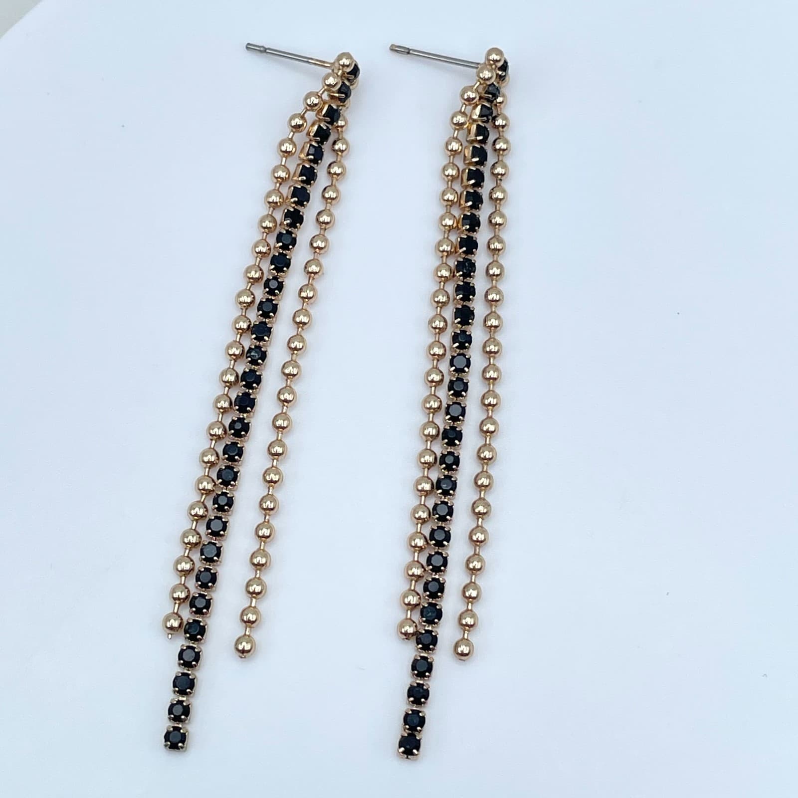 Vintage Y2K Gold Tone Triple Layer Dangle Earrings Black Rhinestone Ball Chain - Thumbnail 2