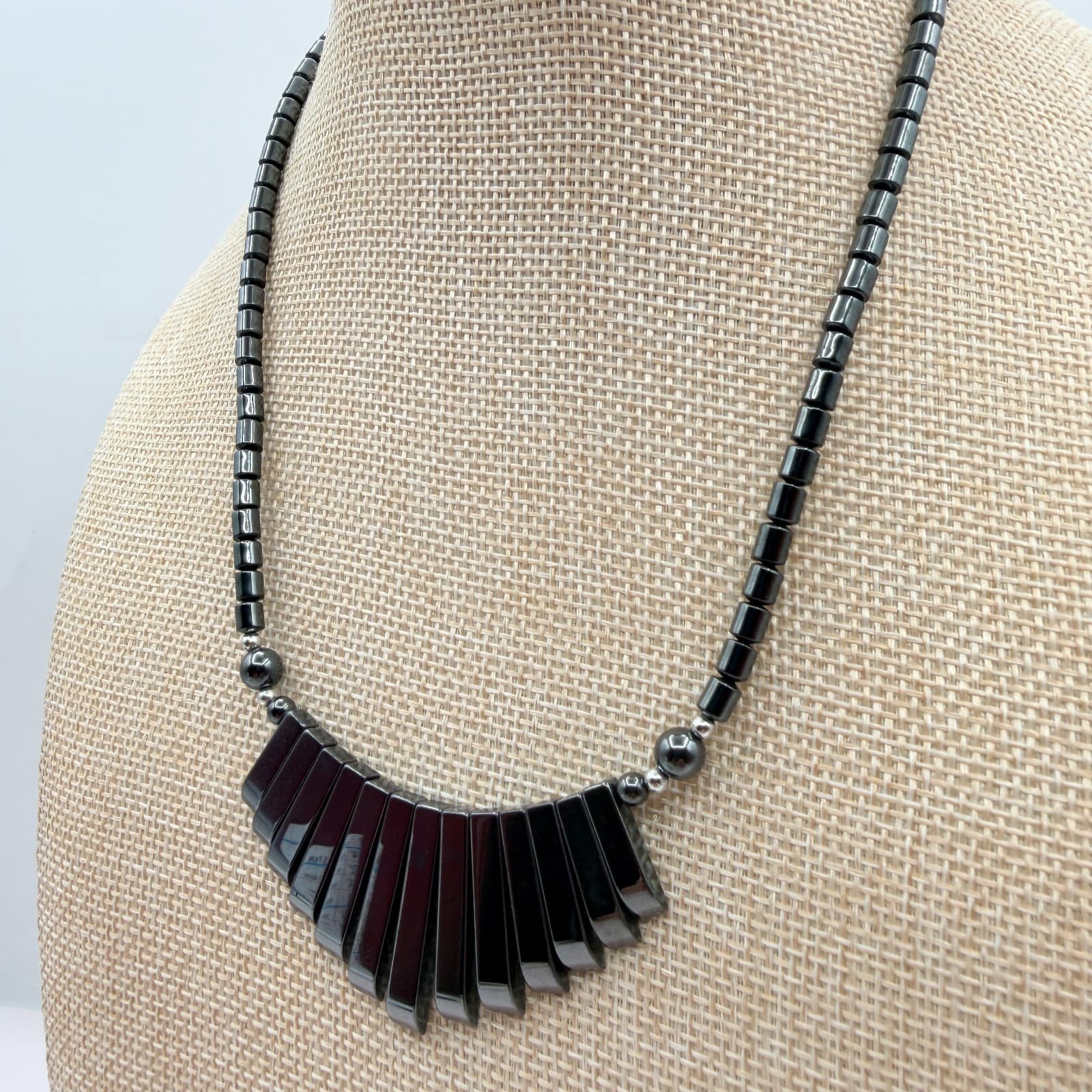 Vintage 90s Hematite Beaded Fringe Statement Necklace Boho Fashion Jewelry - Thumbnail 6